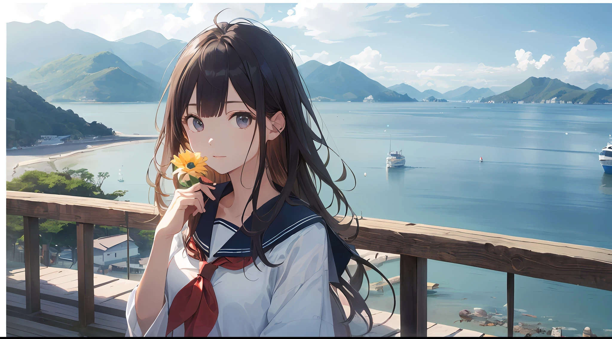 (best-quality:1.5)、(super-detailed:1.5)、(Highest quality photos:1.5)、Japan schoolgirl、Very cute、seaside、horizon、Summer sky、Beautiful scenery、Islands in the Seto Inland Sea、solo、Beautiful girl staring into the distance、