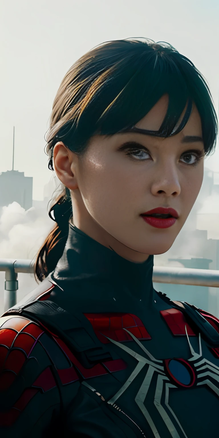 (1girl:1.3), solo, ((very detailed face)))), ((very detailed eyes and face))), beautiful detail eyes, body parts__, official art, unified 8k wallpaper, super detailed, beautiful and beautiful, beautiful, masterpiece, best quality, original, masterpiece, super fine photo, best quality, super high resolution, realistic realism, sunlight, full body portrait, amazing beauty, dynamic pose, delicate face, big breast, vibrant eyes, (from the front), she is wearing a Spider-Man suit, red and black color scheme, spider, very detailed city roof background, rooftop, overlooking the city, detailed face, detailed complex busy background, messy, gorgeous, milky white, highly detailed skin, realistic skin details, visible pores, clear focus, volumetric fog, 8k uhd, DSLR, high quality, film grain, fair skin, photo realism, lomography, futuristic dystopian giant metropolis, translucent