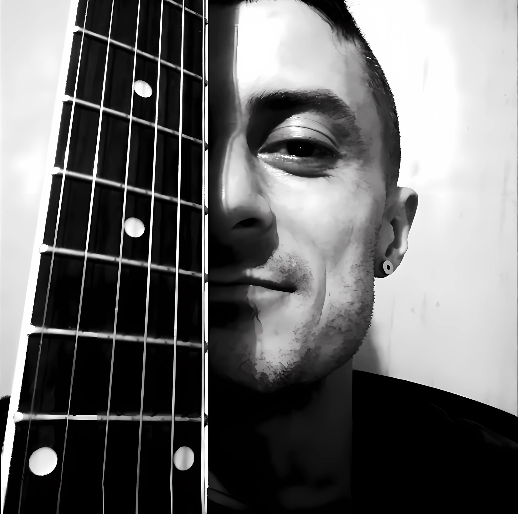 arafed man with a guitar in front of his face, half face, half smile, inspired by Girolamo Muziano, ed o'brien (guitar), thom yorke (guitar), inspired by Syd Barrett, inspired by Rihard Jakopič, half portrait, half onesided smile, singer songwriter, michal mraz, hedi slimane