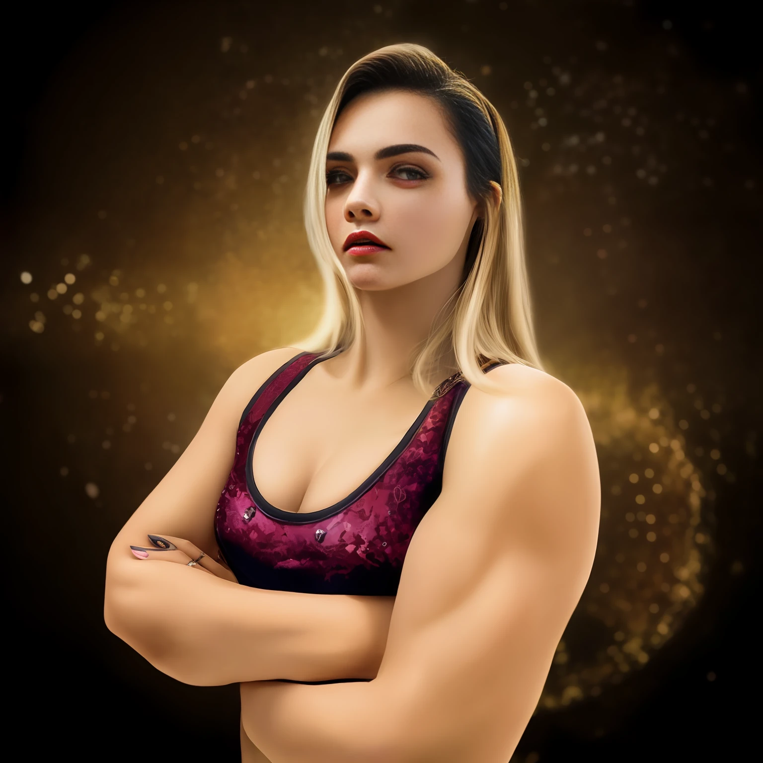 A closeup of a woman with a tattoo on Star's arm on both shoulders , musculosa, Caroline Gariba, inspired by Louisa Matthíasdóttir, Malika Favre, Alana Fletcher, imagem de perfil, Alexis Franklin, pele bronzeada, fernanda suarez, Karolina Cummings, Amanda Clarke, Jenna Barton, Alina Ivanchenko, Júlia Fuentes details in the eyes lived , serene looking at the camera details of skin and face texture