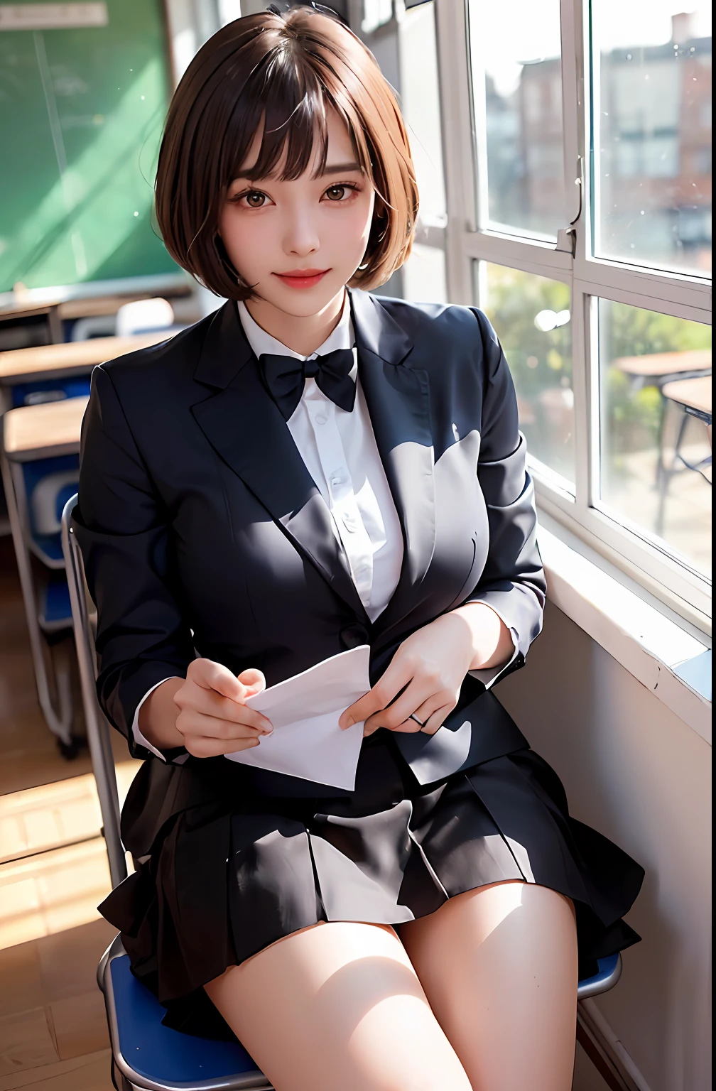 Masterpiece, top quality, ultra high resolution, (photorealistic photo: 1.4), ((1 girl, white fair skin: 1.4, sitting at a desk, from above, looking at the viewer, cowboy shot, 17 years old, pretty, cute, black hair, bob_cut, short hair with bangs, big breasts)), (navy blue blazer, white shirt, red big ribbon on the neck, flared skirt), (smile, happy, joyful, cheerful, mouth closed), high detailed eyes, (((classroom)))), long neck, (((short hair with bangs)))), eyelashes, (((very beautiful, very beautiful))), (((natural light, staring at viewer, seducing viewer, huge, highlights in the eyes)))