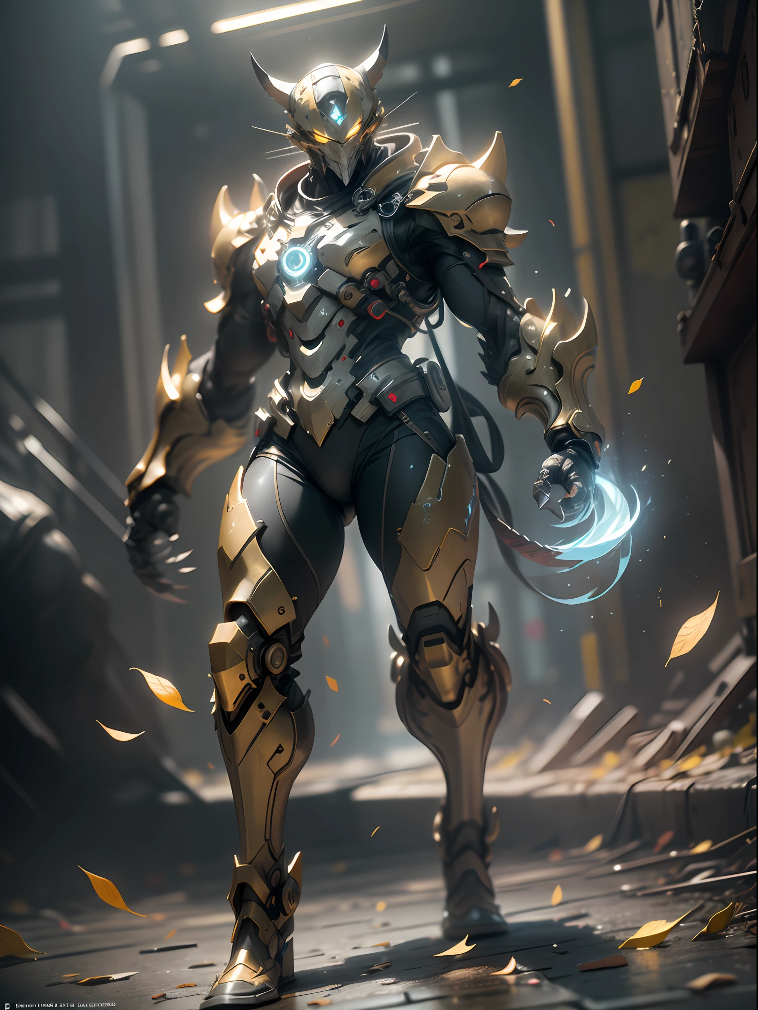 Has Wolverine Claw Ghost Assassin, super cool Ghost Assassin, has huge Vajra Claw, Assassin, Golden Claw, Claw Knife, wearing yellow mechanical armor, leaves falling, claw waving pose, imposing walking, positive perspective, perfect body proportions, tall figure, tall height, full body shot, super detail, looking up view, IP by pop mart, edge light, avatar, octane rendering, blender, full body, clean black background, 3d, c4d, best quality, very detailed, Ancient Technology, HDR (High Dynamic Range), Ray Tracing, NVIDIA RTX, Super Resolution, Unreal 5, Subsurface Scattering, PBR Texture, Post Processing, Anisotropic Filtering, Depth of Field, Maximum Clarity and Acutance, Multilayer Textures, Albedo and Highlight Maps, Surface Shading, Accurate Simulation of Light-Material Interactions, Perfect Proportions, Octane Rendering, Two-tone Lighting, Low ISO, White Balance, Rule of Thirds, Wide Aperture, 8K RAW, High Efficiency Sub-Pixel, Subpixel Convolution, Glowing Particles, Light scattering, Tyndall effect