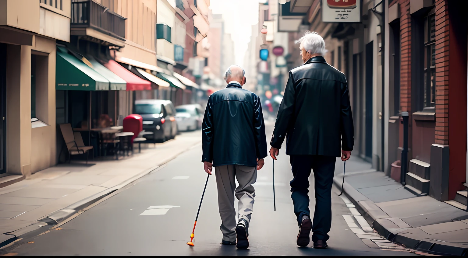 elderly man walking, and another tired young man --auto