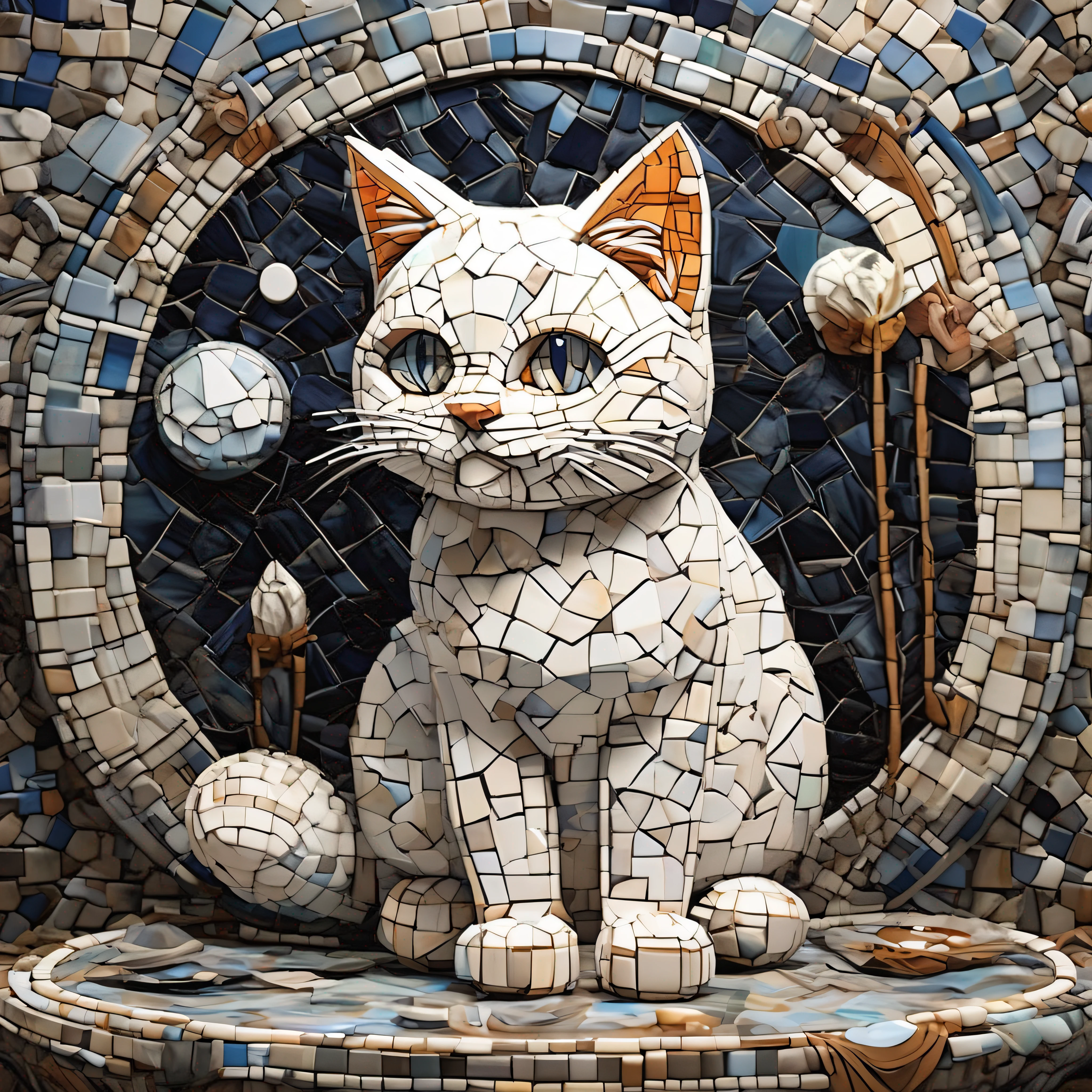 Gato, arte em mosaico, serene moonlight lighting, wide angle camera, Marble cores, marble materials, delicado, o artista Mark Foster.