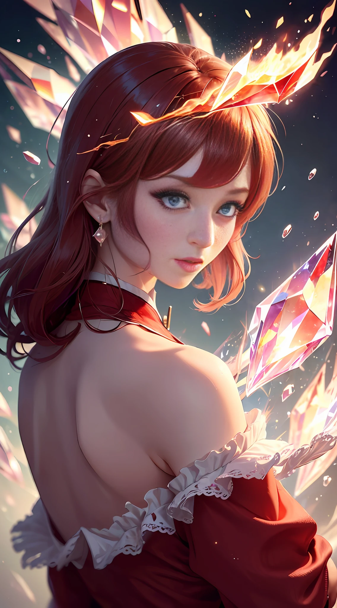 Masterpiece, top quality, best, official art, beautiful and aesthetic, long exposure: 1.2, smooth movement, palace, charming pattern, 1 girl, (long skirt with sleeves: 1.3), ((red hair red clothes red glitter eyes))), upper body close-up, no shoulders, Chinese girl, blush, black lob hair, portrait, solo, close-up, gaze observer, detailed background, detailed face, (crystallineAI, crystalline Theme: 1.1), Elemental Fire Sprite, Spin Flame, Control Flame, Red Clothes, Dynamic Pose, Floating Particles, Ethereal Power, Flame, Vapor, Ethereal Atmosphere --Naji5 --AR4:3 --S750 --Q2 --auto --v6