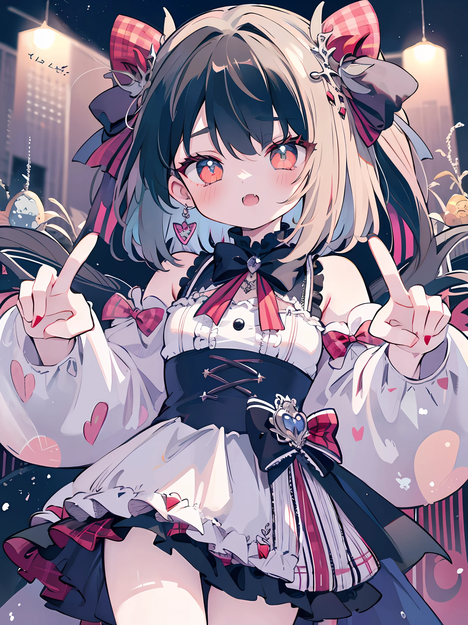 Vampire, fangs, plaid dress, bow, lolita fashion, lolita style, anime girl cosplay, loli, cute, angelic pretty, loli, portrait of lolita girl, red checker, y 2k, y2k, emo style, non-mainstream, red checker, mine-series girl, harajuku style, exaggerated dressing, complex decorations, rock style, gothic style