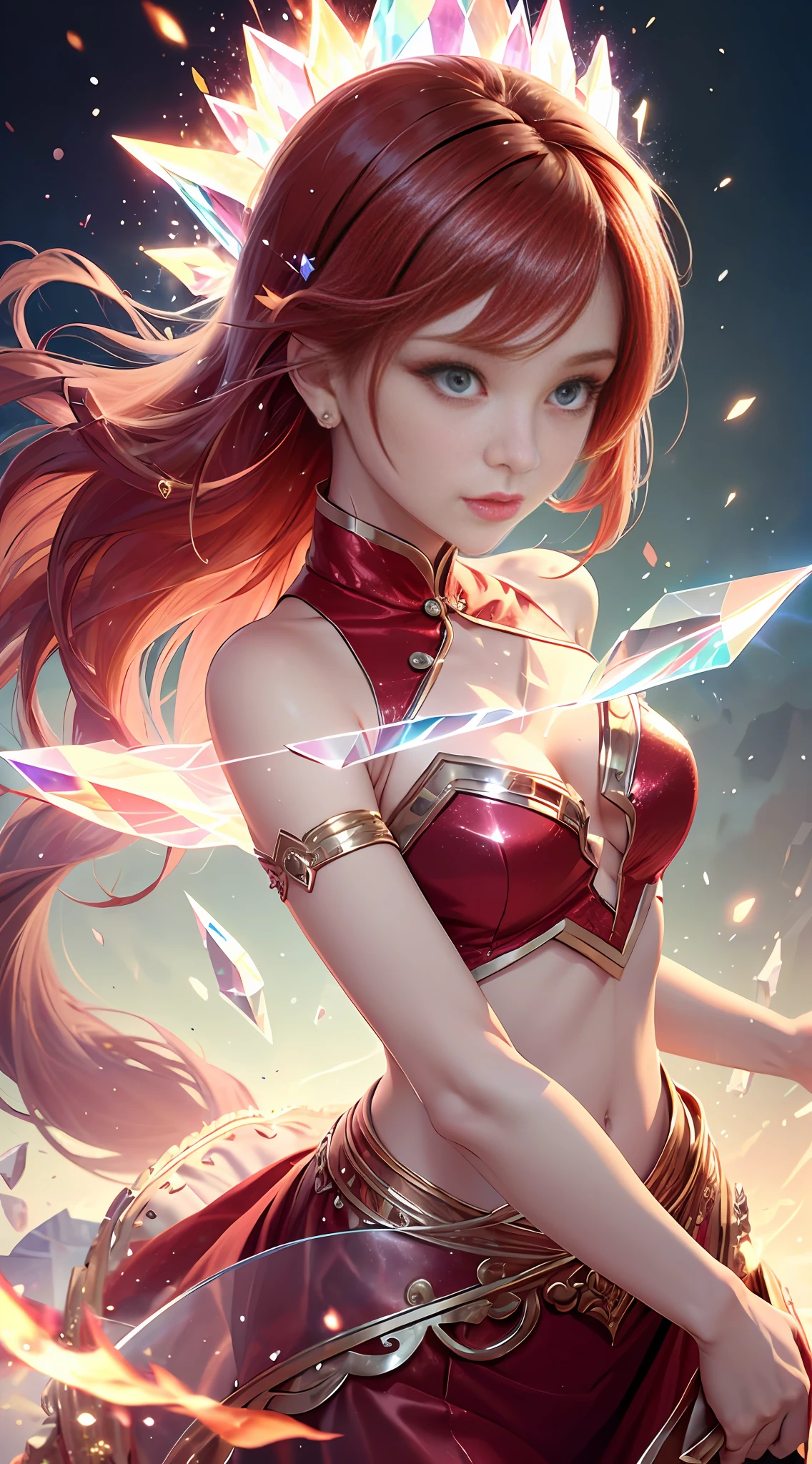 Masterpiece, top quality, best, official art, beautiful and aesthetic, long exposure: 1.2, smooth movement, palace, charming pattern, 1 girl, (long skirt with sleeves: 1.3), ((red hair red clothes red glitter eyes))), upper body close-up, no shoulders, Chinese girl, blush, black lob hair, portrait, solo, close-up, gaze observer, detailed background, detailed face, (crystallineAI, crystalline Theme: 1.1), Elemental Fire Sprite, Spin Flame, Control Flame, Red Clothes, Dynamic Pose, Floating Particles, Ethereal Power, Flame, Vapor, Ethereal Atmosphere --Naji5 --AR4:3 --S750 --Q2 --auto --v6