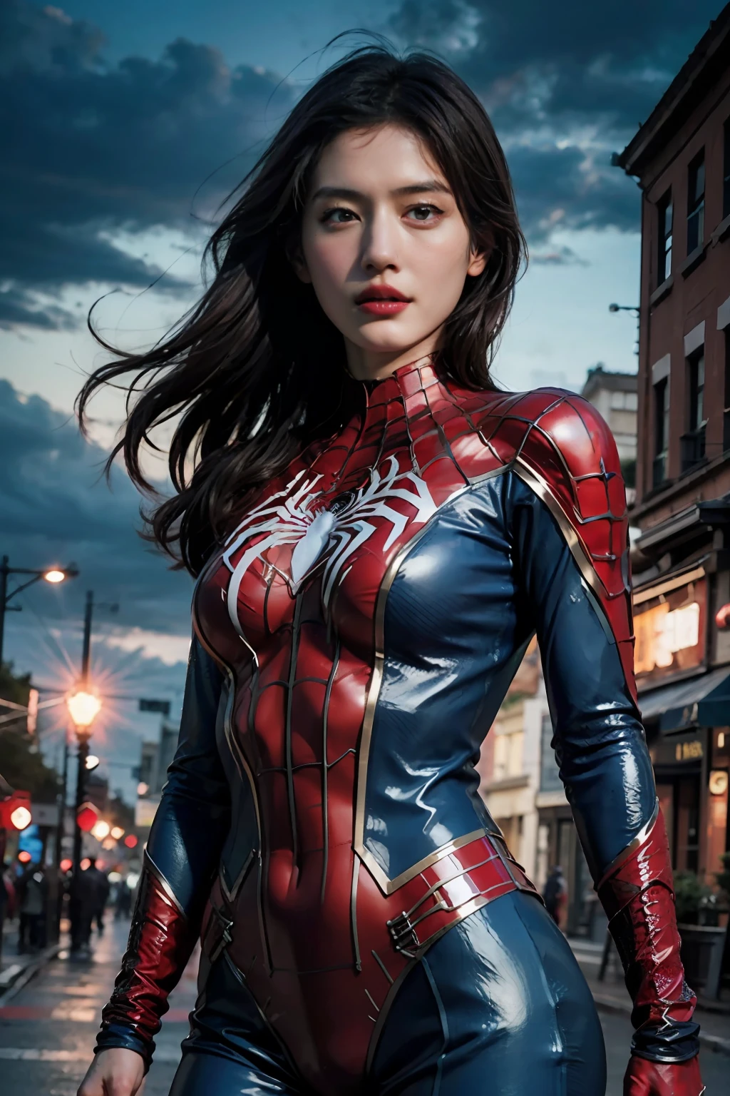 (wearing spiderwoman_cosplay_outfit:1.1), in front of a sky, (red and blue outfit:1.3),
good hand,4k, high-res, masterpiece, best quality, head:1.3,((Hasselblad photography)), finely detailed skin, sharp focus, (cinematic lighting), night, soft lighting, dynamic angle, [:(detailed face:1.2):0.2], medium breasts, outside,