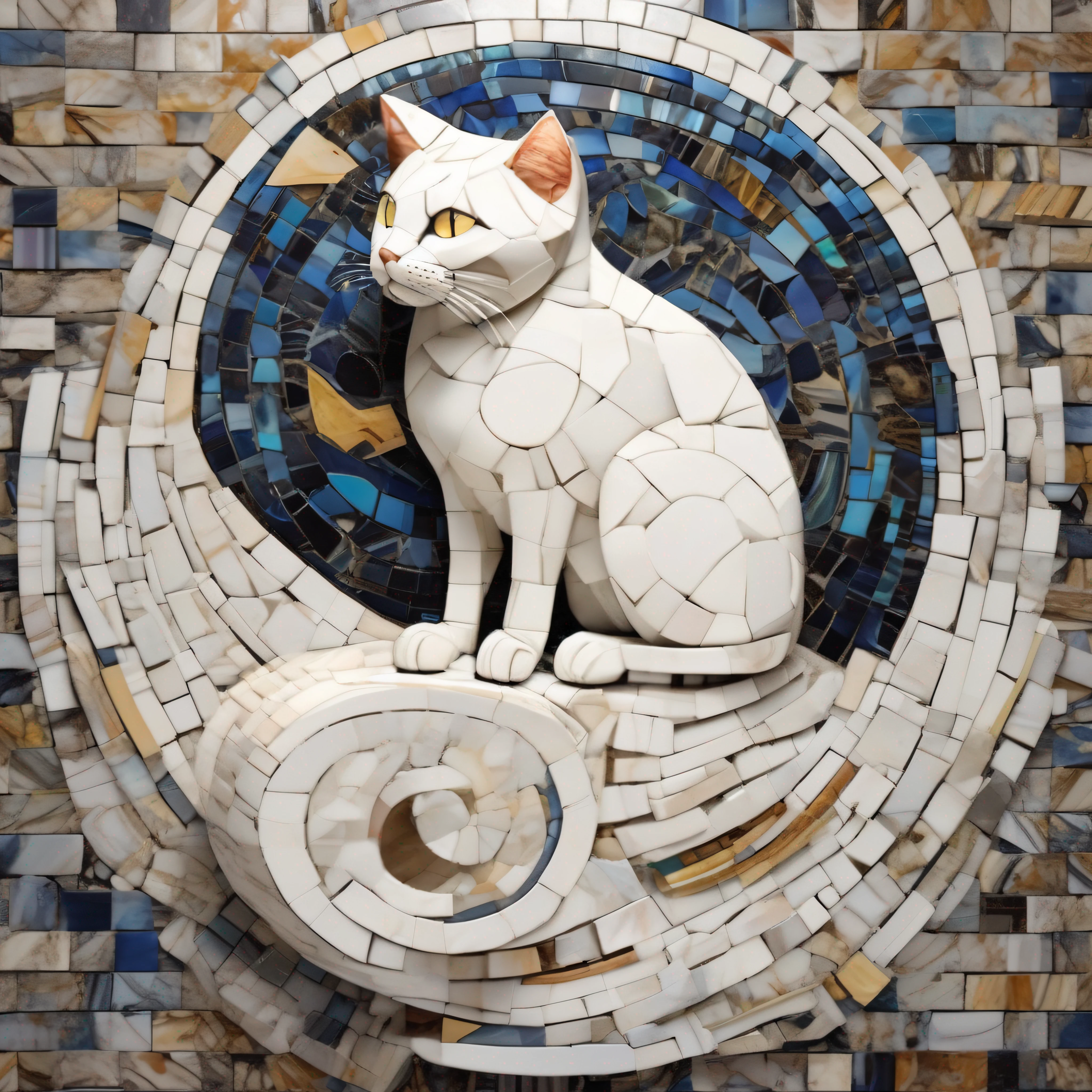 Gato, arte em mosaico, serene moonlight lighting, wide angle camera, Marble cores, marble materials, delicado, o artista Mark Foster.