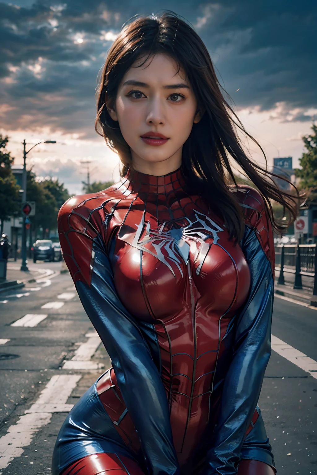 (wearing spiderwoman_cosplay_outfit:1.1), in front of a sky, (red and blue outfit:1.3),
good hand,4k, high-res, masterpiece, best quality, head:1.3,((Hasselblad photography)), finely detailed skin, sharp focus, (cinematic lighting), night, soft lighting, dynamic angle, [:(detailed face:1.2):0.2], medium breasts, outside,