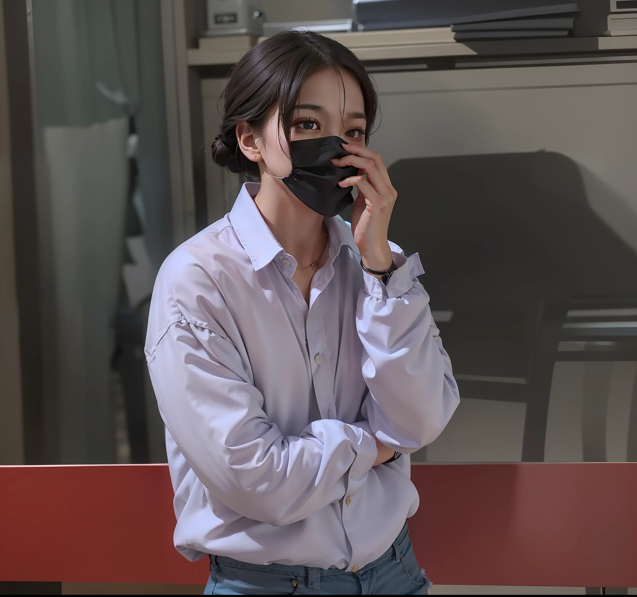 Best quality, masterpiece, ultra high res, (photorealistic:1.4), raw photo, 1girl, offshoulder, in the dark, deep shadow, low key, cold light,no bra,lepas satu kancing baju