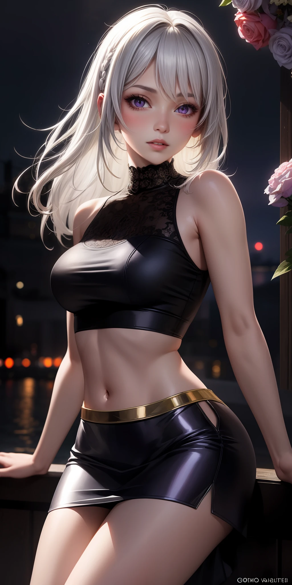 realistic, 1girl, white hair, purple eyes, glowing eyes, crop top, skirt, parted lips, blush, night, flowers, sun, sunlight,