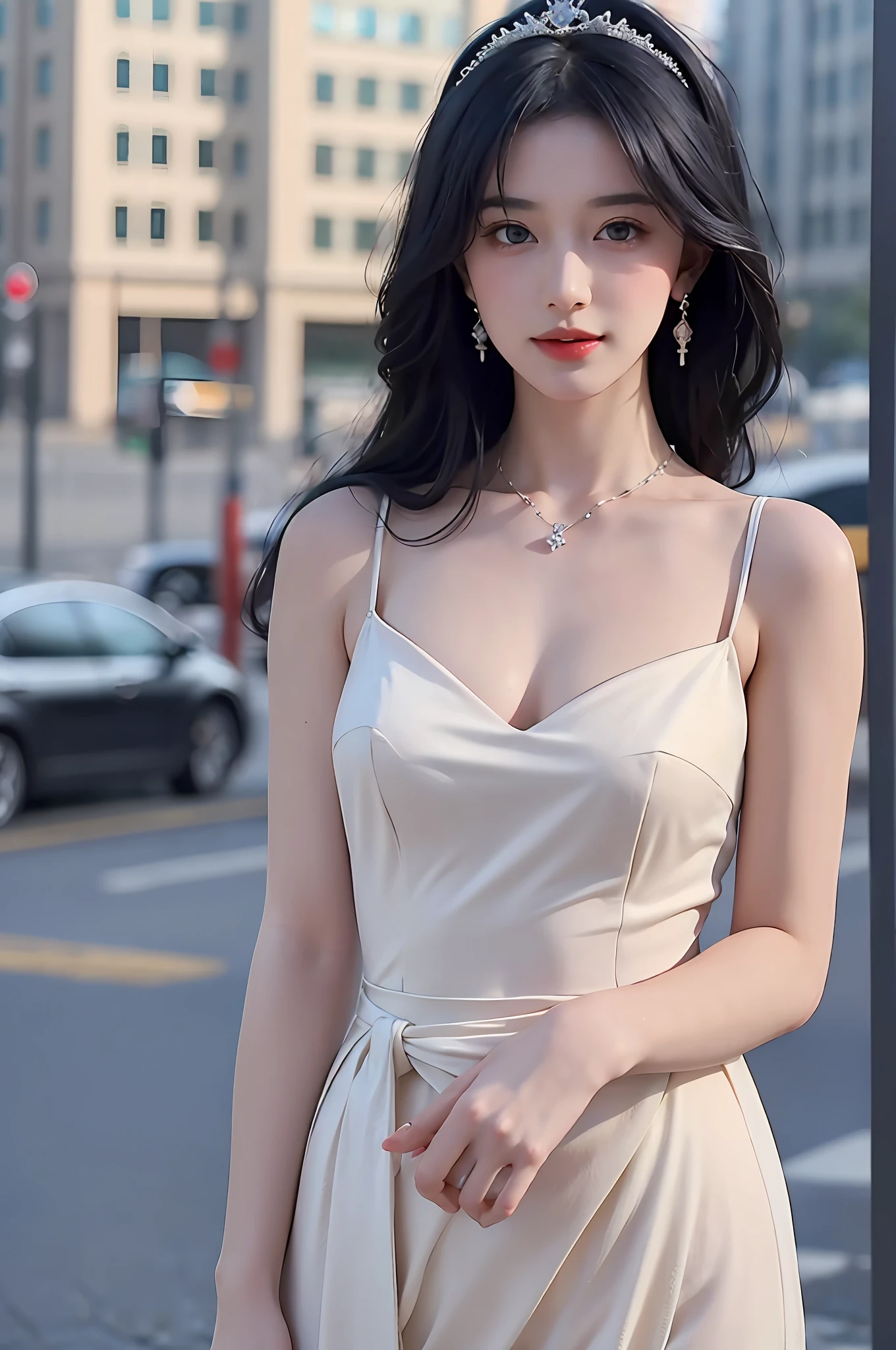 ((addielyn, wearing glass, black hair)), Random posture, (An extremely delicate and beautiful work), (masterpiece), 1girl, extremely detailed elegant wedding dress, tiara, highly detailed, ponytail contorted, charming expression, beautiful and clear eyes, green eye pupil, delicate necklace, delicate earrings, simple blurred background, extreme detail description, beautiful, charming, ultra-fine painting, delicate face, delicate figure, Fine collarbones, lovely lips, soft behind, mix4,(8k, RAW photo, best quality, masterpiece:1.2), (realistic, photo-realistic:1.37),1girl,cute,cityscape, night, rain, wet, professional lighting, photon mapping, radiosity, physically-based rendering, above waist,