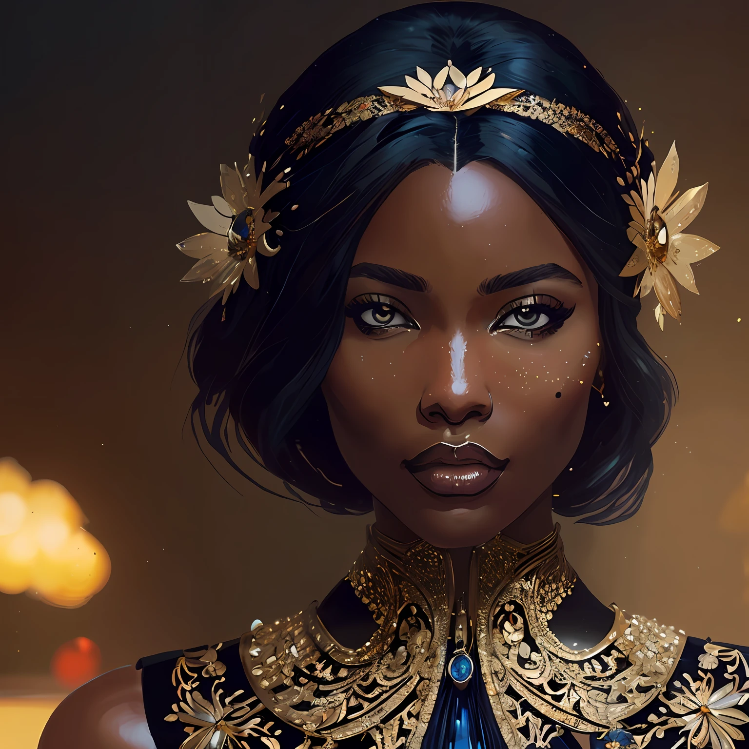 Majestic opulent glass robotic goddess, exquisite, sapphire enchanted, delicate face, elegant, ((dark skin)) African cyborg, filigree, luxury flowery corset suit, luxury high heel shoes, highly detailed, digital painting, artstation, asymmetrical, concept art, smooth, sharp focus, 8k, trending on artstation, sharp focus, studio photo, intricate details, highly detailed, by greg rutkowski, vibrant jewels,((best quality)) --auto