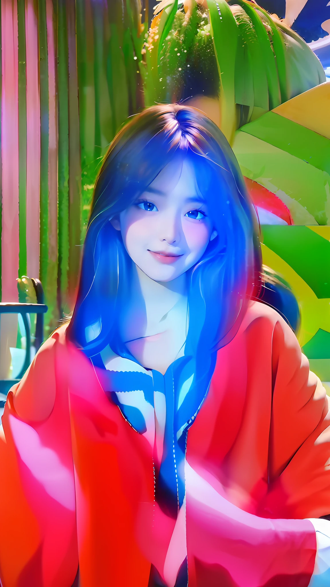 there is a woman with blue hair and a red jacket, made with anime painter studio, [ digital art ]!!, portrait jisoo blackpink, colorful digital painting, [ 4 K digital art ]!!, ilya kuvshinov with long hair, colorful illustration, portrait of female korean idol, jaeyeon nam, lofi portrait, digital art picture