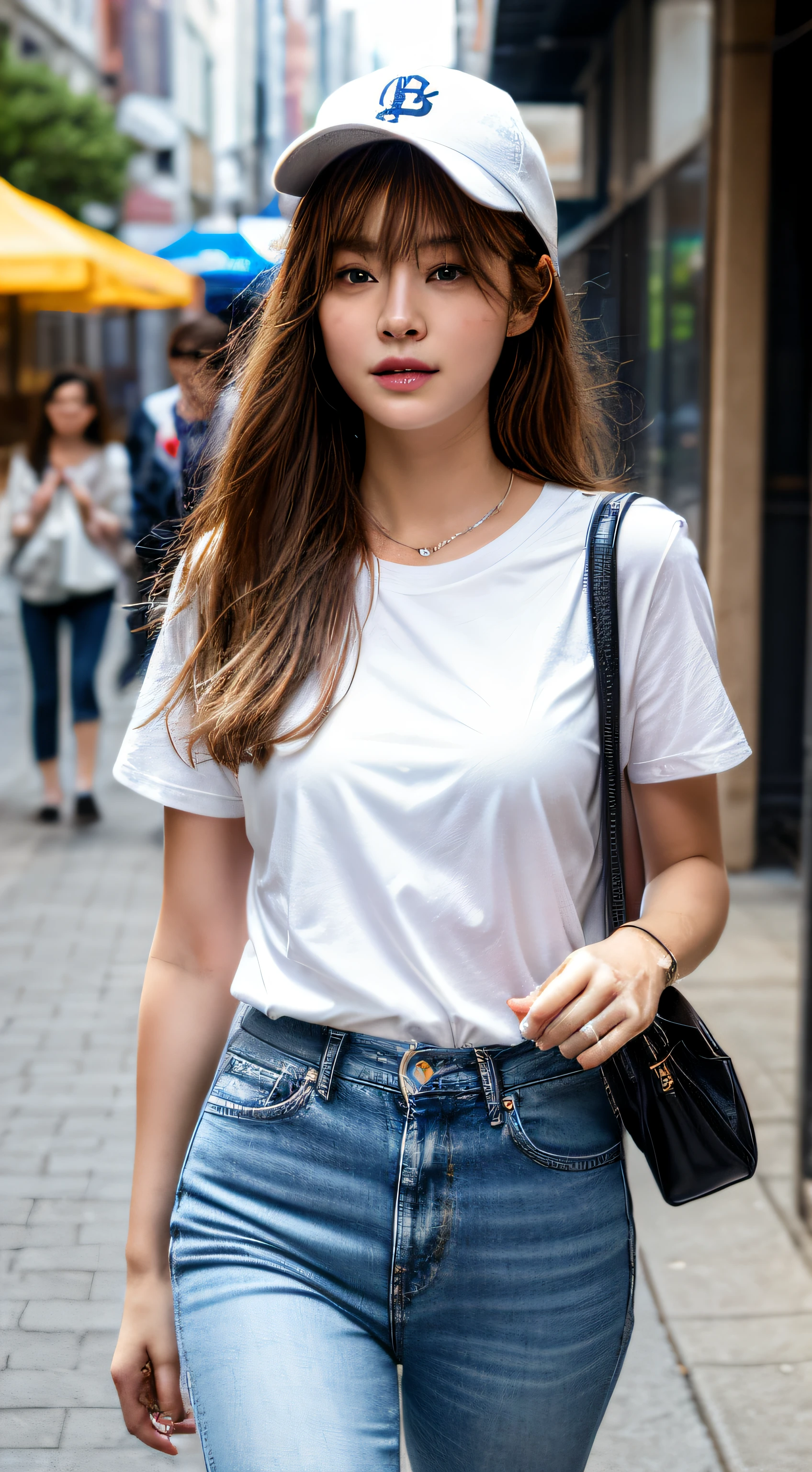 (Best Quality, 8K, Masterpiece: 1.3), Focus: 1.2, Highly Detailed Face and Skin Texture, Detailed Eyes, Side to Lens, Whitened Skin, Long Hair, Real Photo, Baseball Cap, Real Skin, Japanese Woman, Fair Skin, Bright Light, Shoulder Bag, Side to Camera, Best Quality 8K, Walking on the Sidewalk in White Short Sleeve Jeans, Soft and Flowing, Soft Light, Feel the Coolness of the Breeze on Your Cheeks, Delicate Face, Real People, Ultra HD