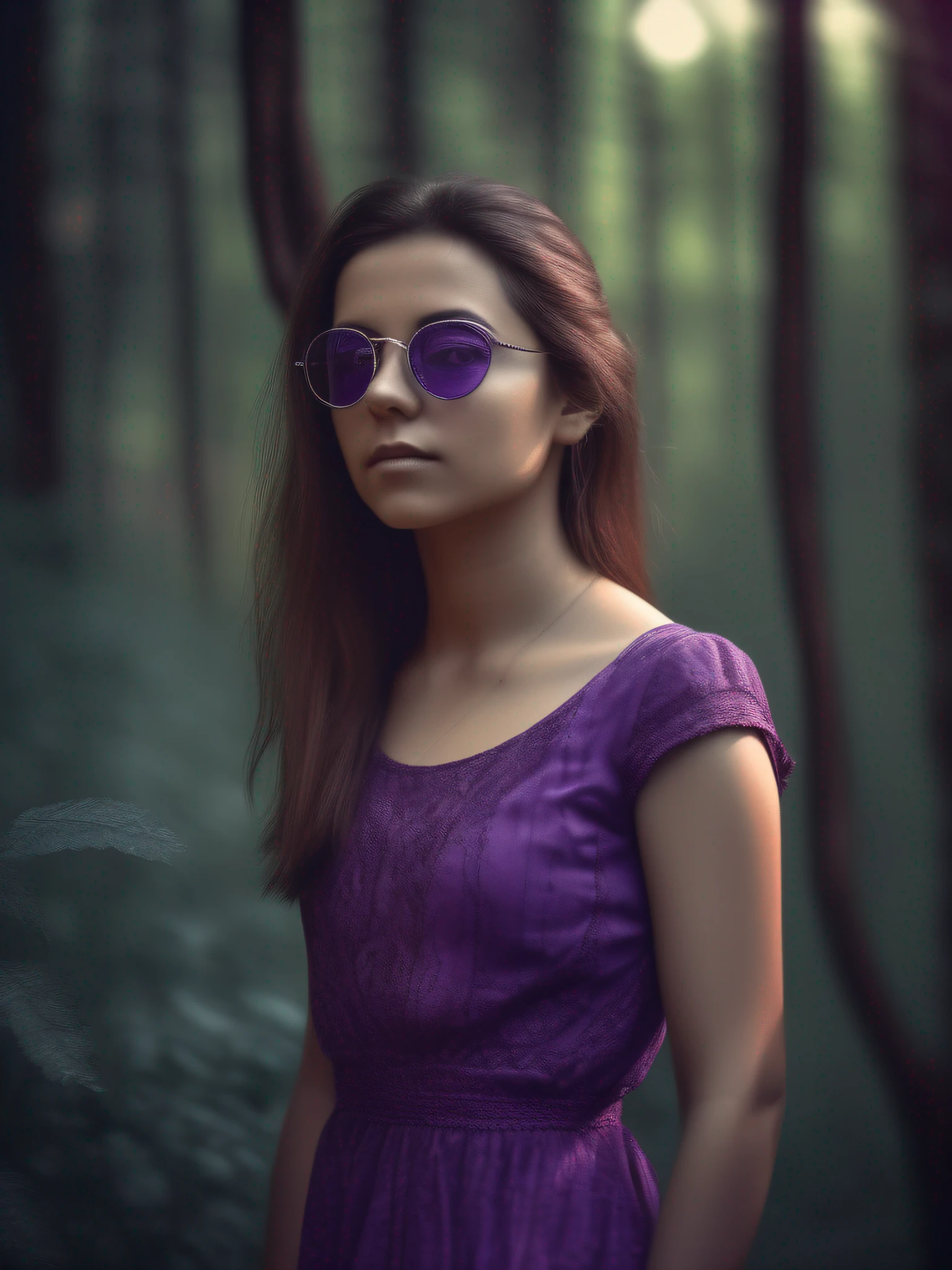 A beautiful portrait of a beautiful young girl, 25 years old, highly detail, HDR, portrait photography, forest background, long beautiful purple dress to the foot, wearing sunglass, (full body photo), camera looking straight, cinematic look, HD