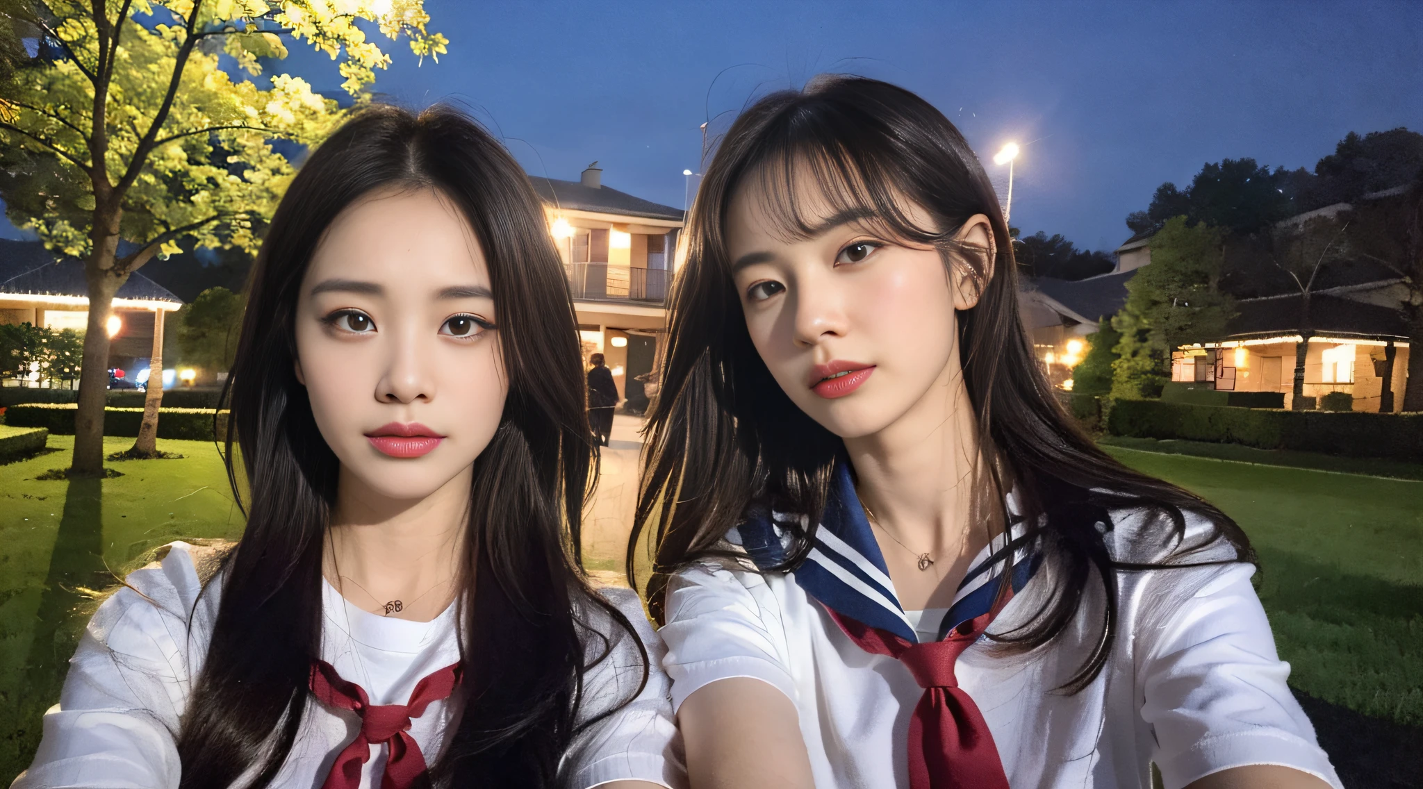 (8K、Raw photo、best-quality、master masterpiece:1.2)、detailed posing,super-detailed、Super Resolution、(real、real pictures:1.37)、(photo-realistic:1.5)、High-resolution RAW color photos、professional photo、(Very beautiful and detailed night tree-lined avenue 1:1.37)、、((A beautiful moonlit night))、full moon、Well-formed face、Same balance on the face、The size of the eyes is the same、Modern youth makeup、Very detailed and beautiful、Ultra-high image quality、High school girl in sailor suit、Detailed uniforms、Each face has its own distinctive features、Different face patterns、colors々Hairstyle、Brown hair fluttering in the night breeze、Hair swaying and sexy、Very detailed beautiful girl、(Pink Eye Shadow)、Red tie、Puffing up face、Pouting、Puffy face、He looks at me with his face puffed up.、Burikko、Buriko Pose