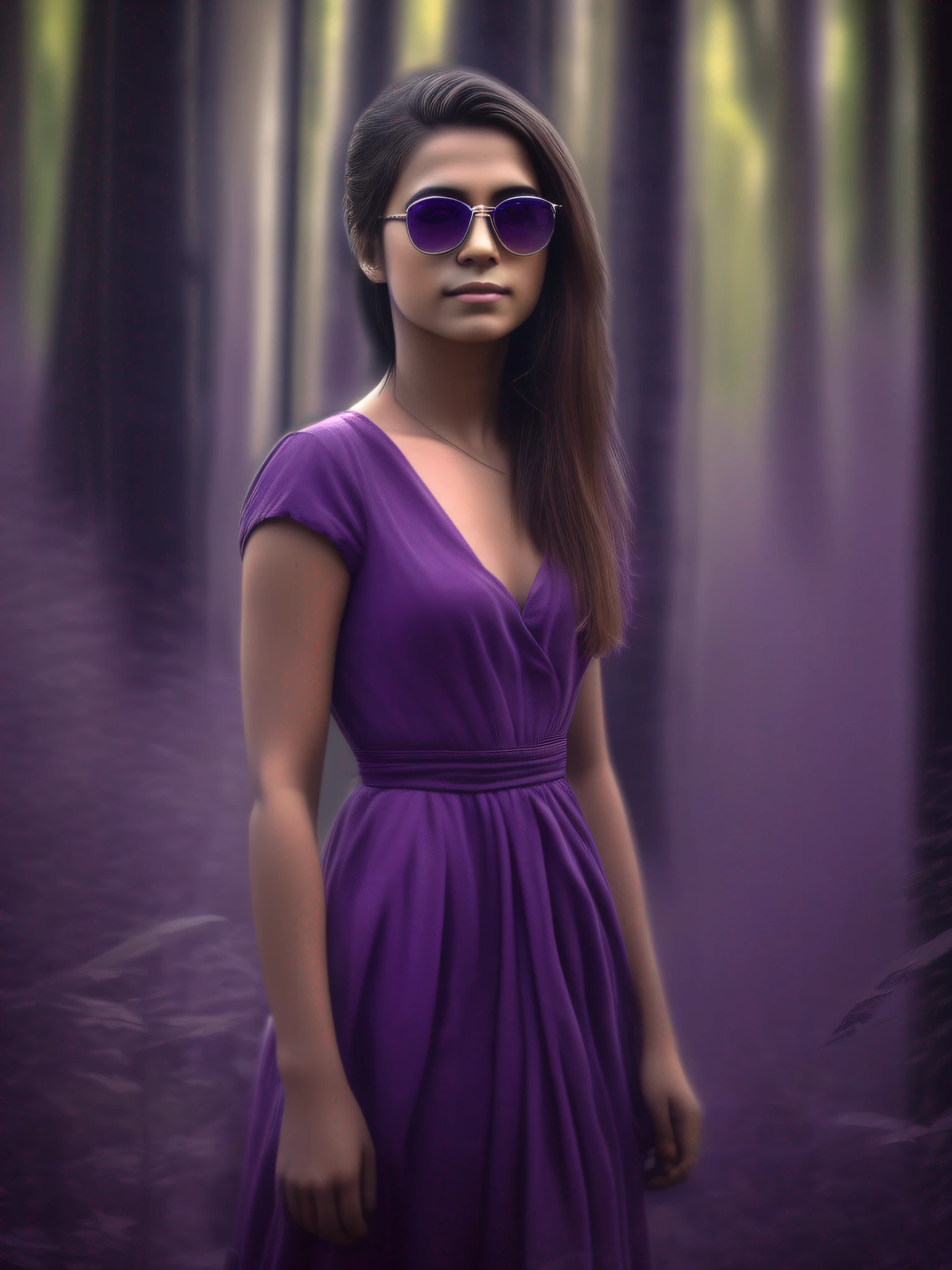 A beautiful portrait of a beautiful young girl, 25 years old, highly detail, HDR, portrait photography, forest background, long beautiful purple dress to the foot, wearing sunglass, (full body photo), camera looking straight, cinematic look, HD