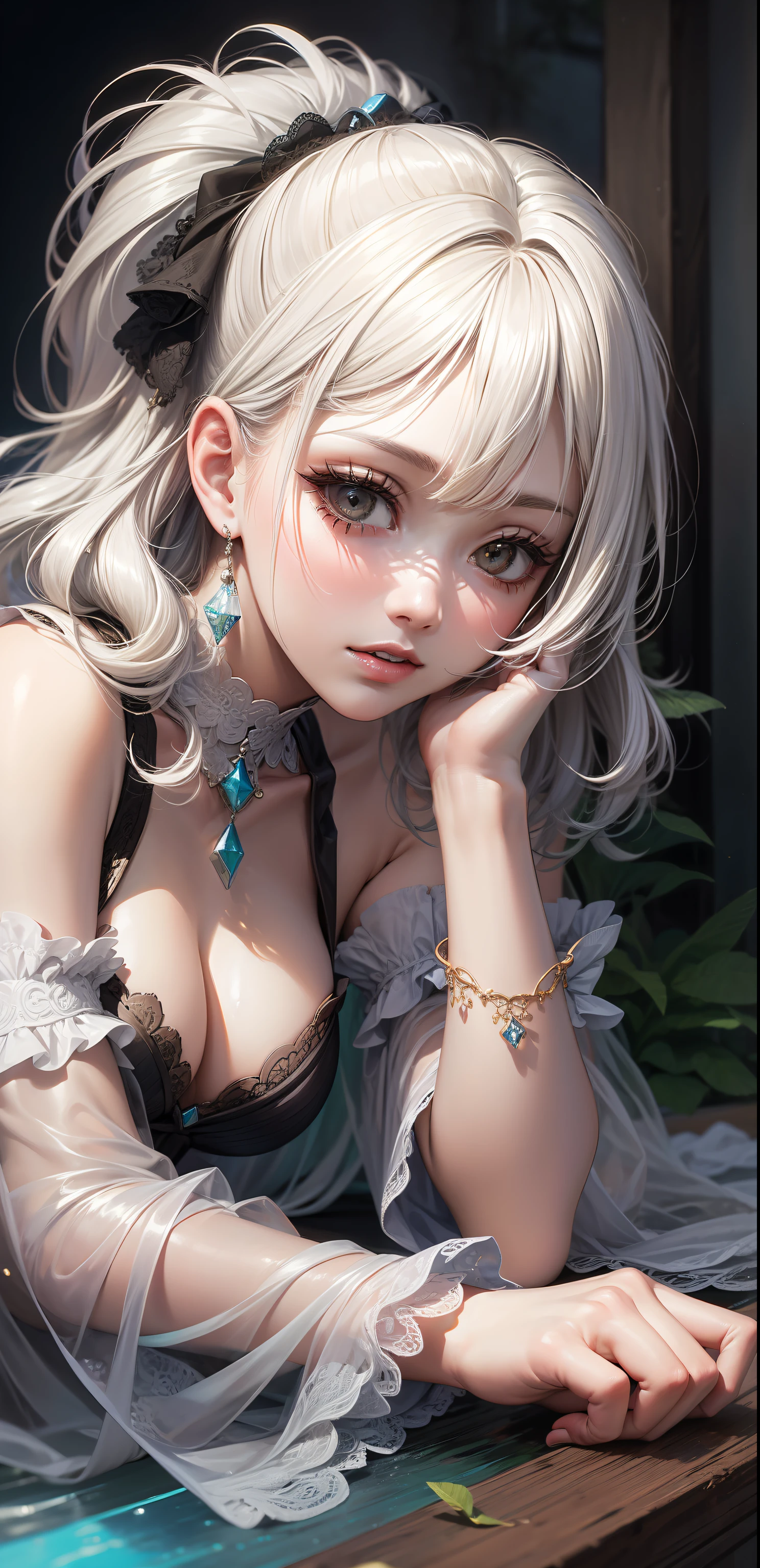White-haired girl lying on her side on palace steps (best quality: 1.2), (detail: 1.2), (masterpiece: 1.2),