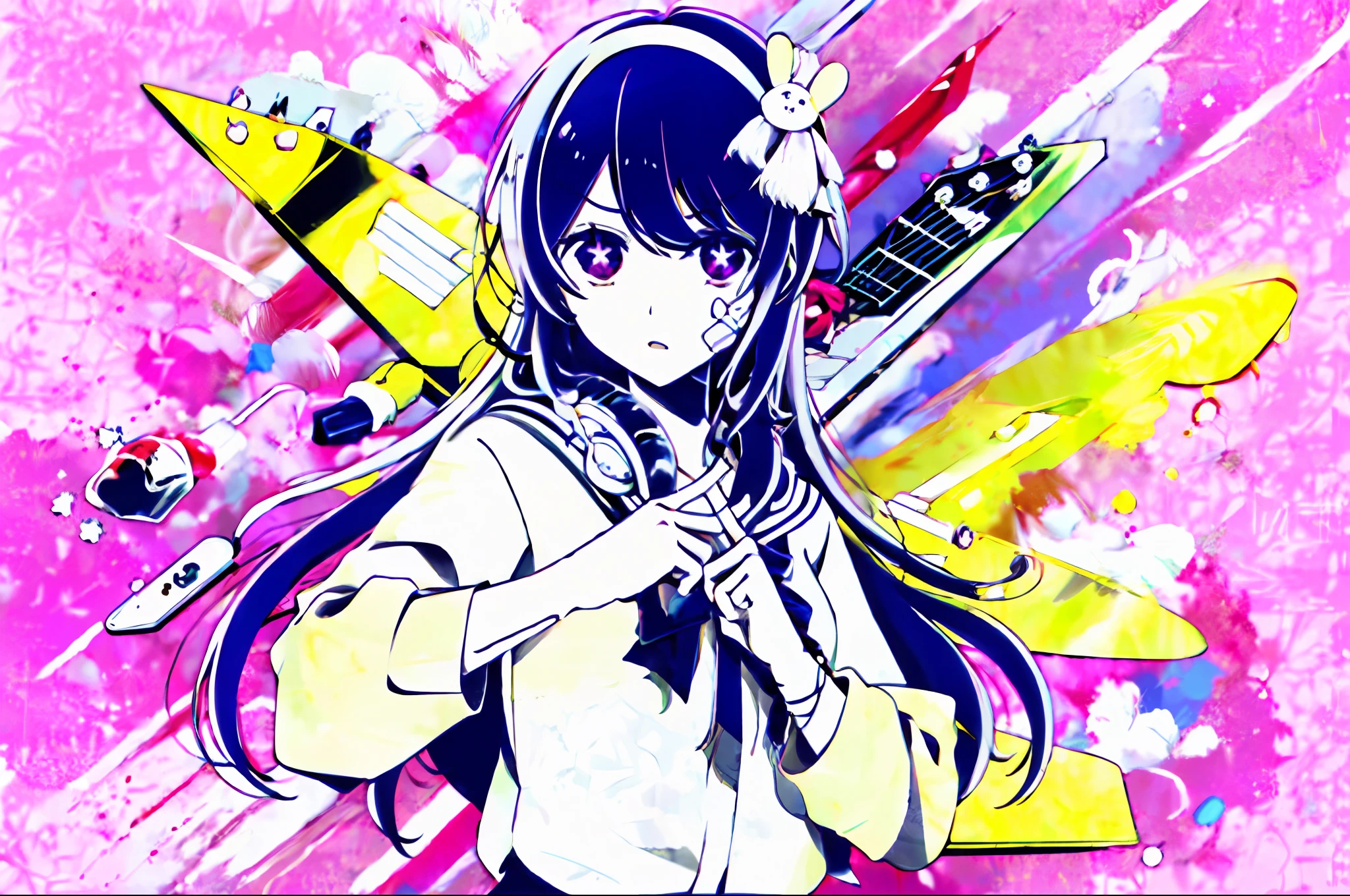 Hoshino Ai, long hair, purple hair, streaked hair ,purple eyes, star-shaped pupils, hair ornament, venom, 1girl, solo, looking at viewer, monochrome, upper body, headphones, bandages, pink background, instrument, bandaid, bandaged arm, bandaid on face, guitar, midriff peek, headphones around neck, electric guitar, pill,  white hairband, bow hairband, halo, short hair, single braid, school uniform, blue shirt, white sailor collar, long sleeves, white bowtie, white choker