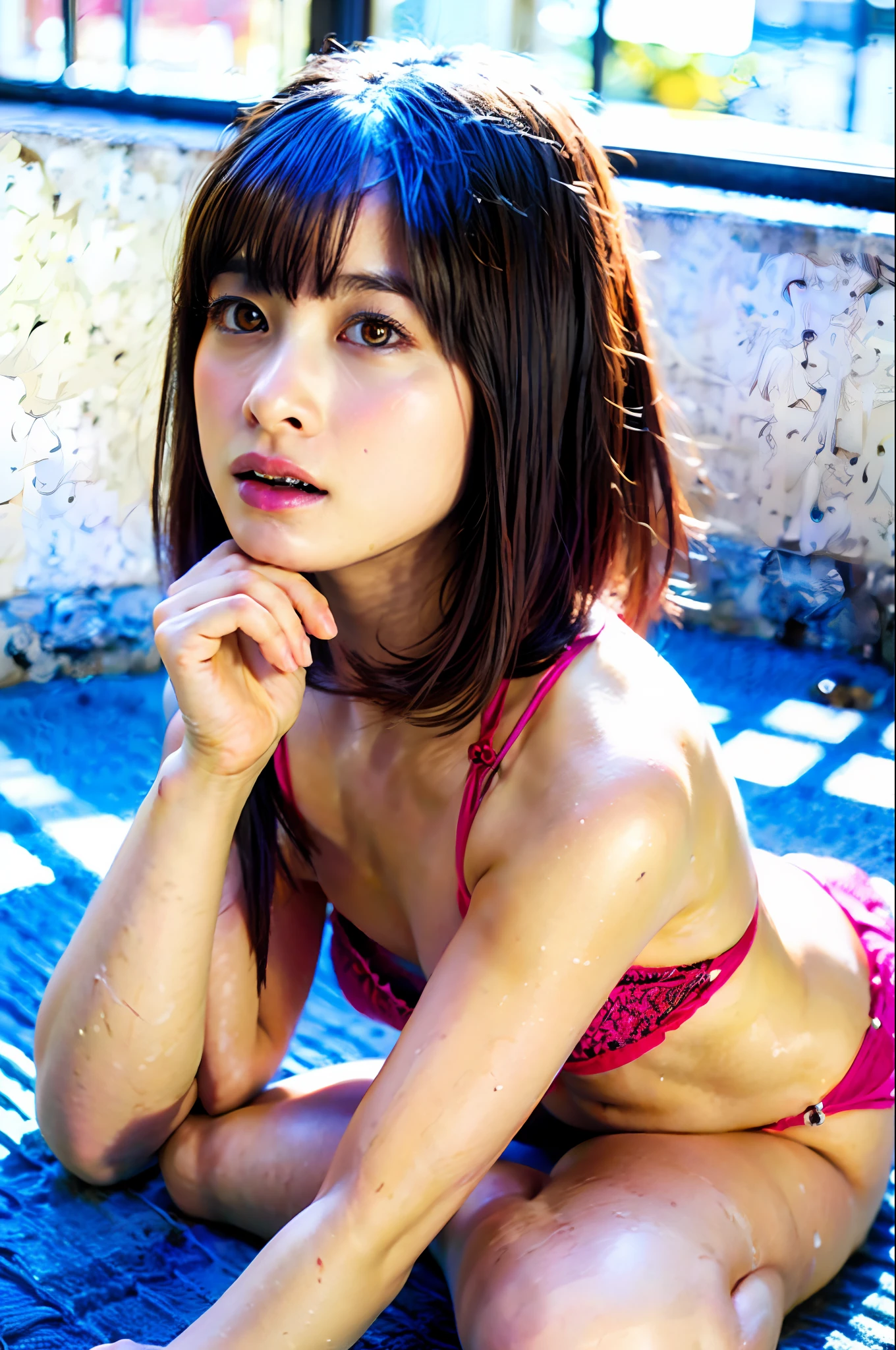 Best quality, masterpiece, ultra high res, (photorealistic:1.4), raw photo, 1girl, DARK hair, shiny skin, WET BODY, dramatic lighting, full body, ?????, micro bikini, huge breasts