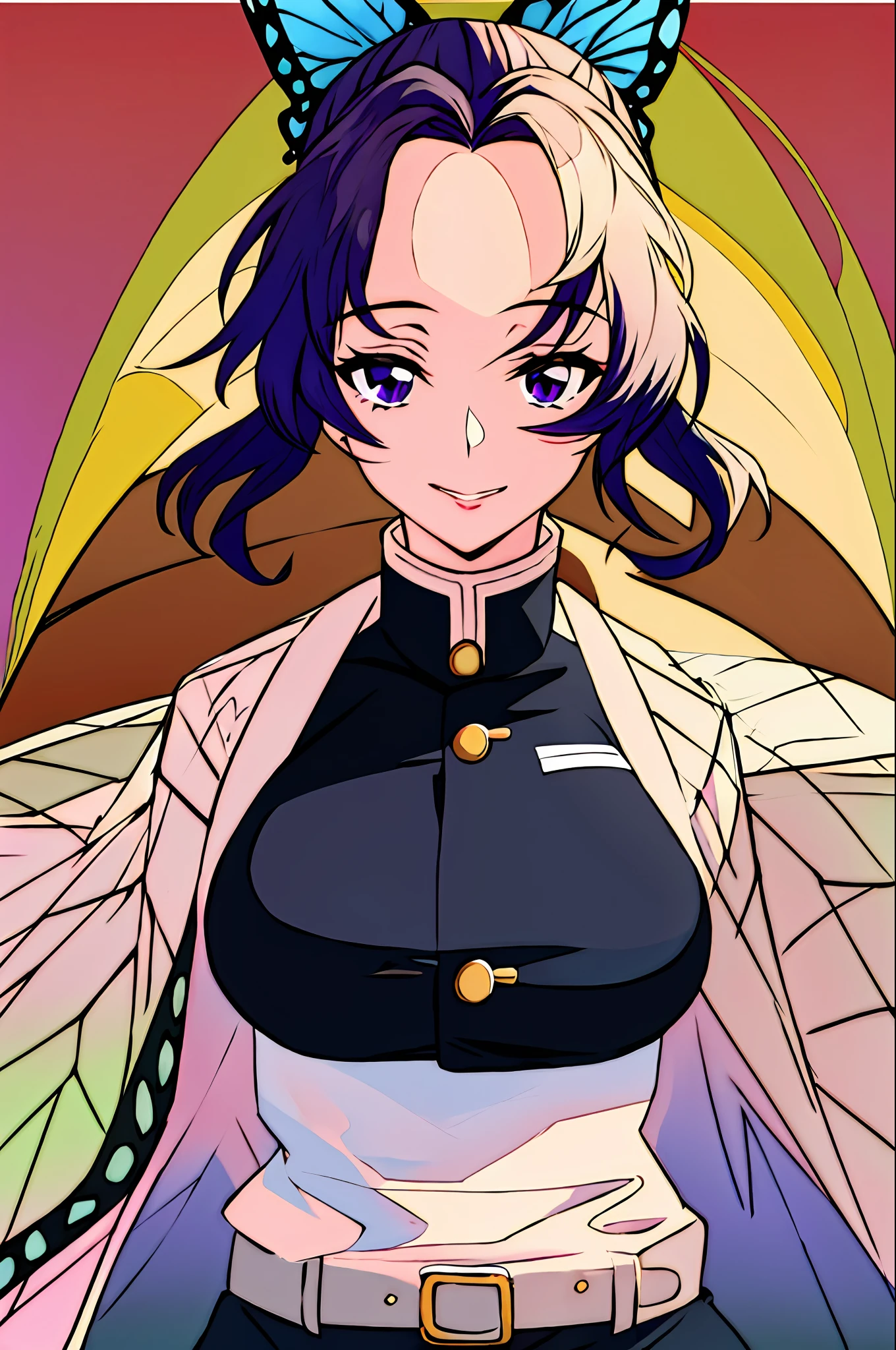 Masterpiece, best_quality, Super Detail,flat_color, limited_palette, high_contrast, (Ligne Clair),(1 Girl:1.2),Solo, kochou_shinobu, multicolored_hair, hair_intakes, purple_eyes, Forehead, black_shirt, upper_ body, (style_of_Kimetsu_no_Yaiba:0.7), landscape, (smile:0.5), real, realistic_lips, shiny_hair, shiny_skin, big breasts, riverside, swimsuit,