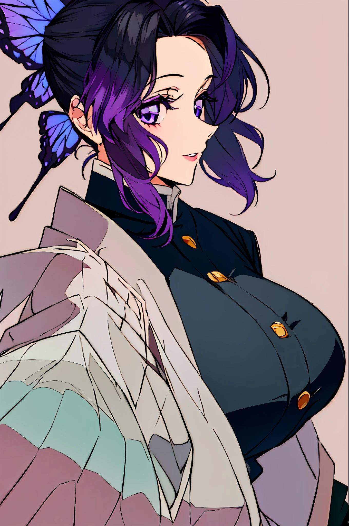 Masterpiece, best_quality, Super Detail,flat_color, limited_palette, high_contrast, (Ligne Clair),(1 Girl:1.2),Solo, kochou_shinobu, multicolored_hair, hair_intakes, purple_eyes, Forehead, black_shirt, upper_ body, (style_of_Kimetsu_no_Yaiba:0.7), landscape, (smile:0.5), real, realistic_lips, shiny_hair, shiny_skin, big breasts, riverside, swimsuit,