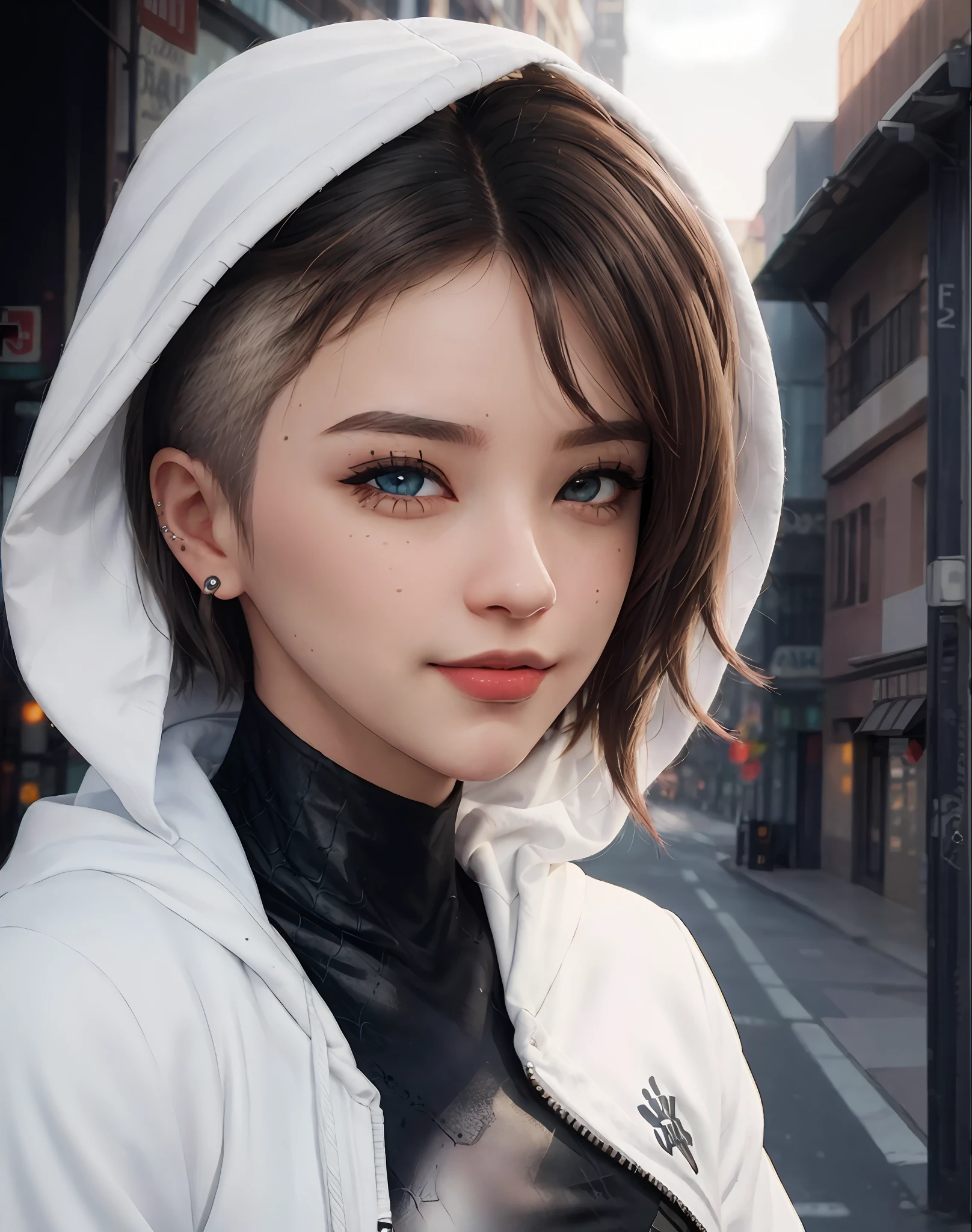 (masterpiece), ((best quality)), parted lips, light_smile, cinematic lighting, ultra-realistic, ((realistic)), (gwen_stacy), blonde_hair, short_hair, solo, sidecut, asymmetrical_hair, parted_lips, eyebrow_piercing, (detailed face), beautiful 1girl, 1girl, looking at viewer, (beautiful detailed eyes), bodysuit, spider-suit, white hoodie, hood_down, portrait, upper_body, (side of head shaved), (small breasts)