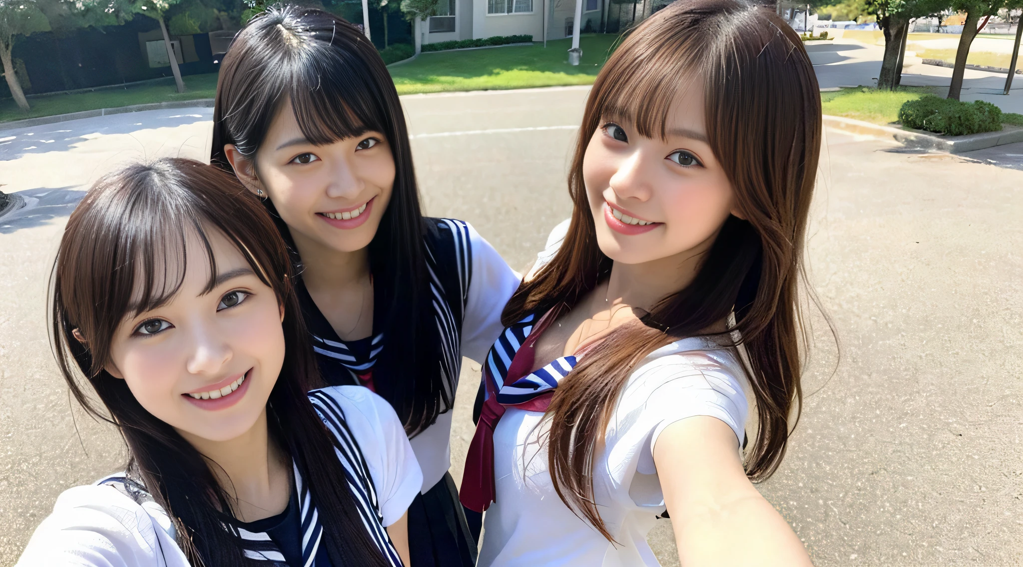 (8k、RAW Photography、best-quality、master masterpiece:1.2)、from above view、Camera from above、Camera angle from above、I'm looking at this with upward eyes、High-quality images taken with a camera from above、super-detailed、Super Resolution、(real、real pictures:1.37)、High school girl in sailor suit frolicking at the water's edge、Full Body Shot、full body picture、High-resolution RAW color photos、professional photo、Sun Beach、Atmospheric scenery、Very detailed and beautiful、Ultra-high image quality、8k wallpaper、Amazing details、、Very detailed beautiful girl、Very detailed face Very detailed eyes、Very realistic skin、 Highly detailed fingers, Very detailed nose, Highly detailed mouth, Perfect anatomy, extremely detailed background, Highly detailed clothing, Teen, cute girls, Idols of famous Japan, cuddly, Realistic body, Slender, white-skinned, Glowing skin, Slim body,  Long straight hair, (blunt bangs:1.2),  Realistic Face, delicate eye, Double eyelidd,、Red tie、Pink eye shadow schoolgirl youth　Celebrity-level cuteness　Frolicking with multiple high school girls　Looks fun　A figure full of smiles、Arms open、Adorable smile