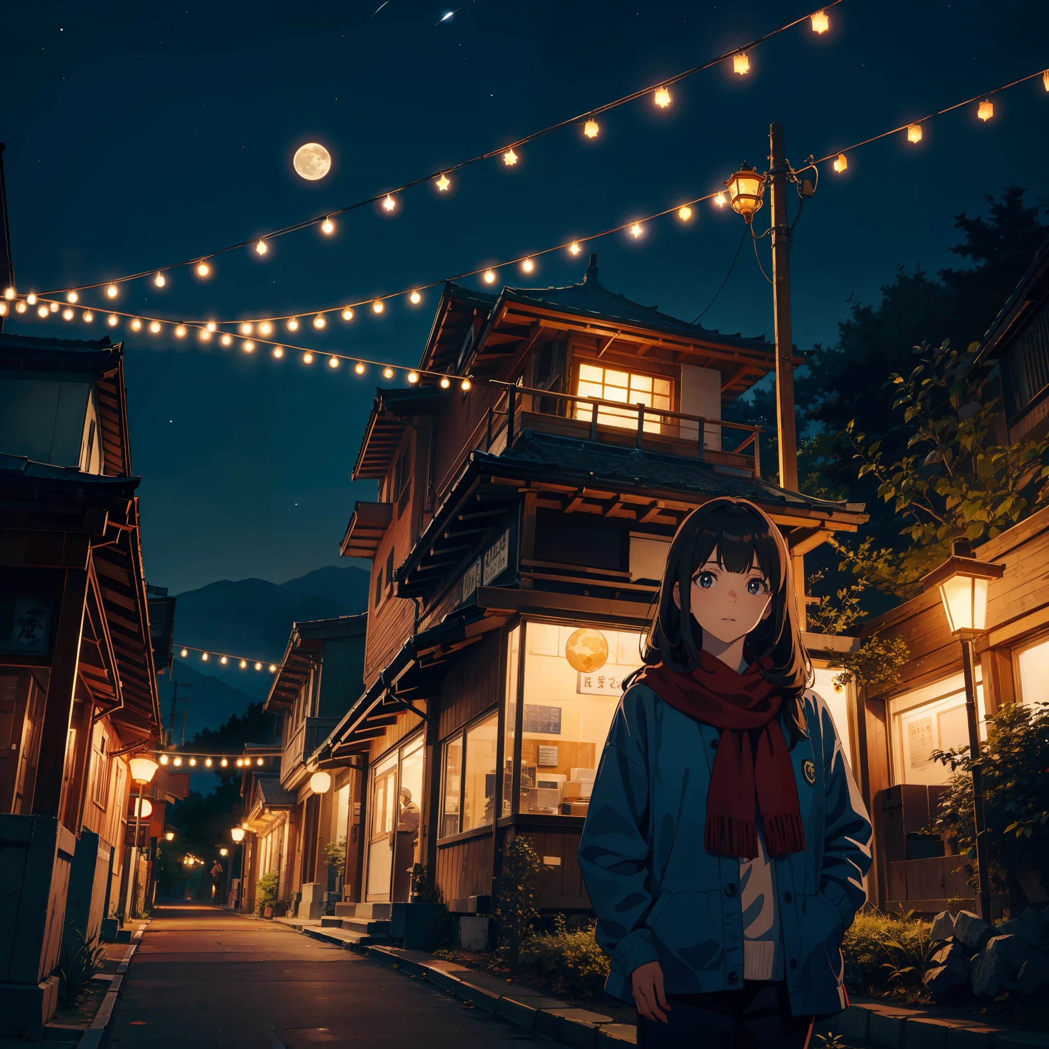 city, night, gunma, forest, stars, moon, fireflys, womman, beauty, mature, casual, see up, tilting face, wide lens, taken with fuji film camera, hdr