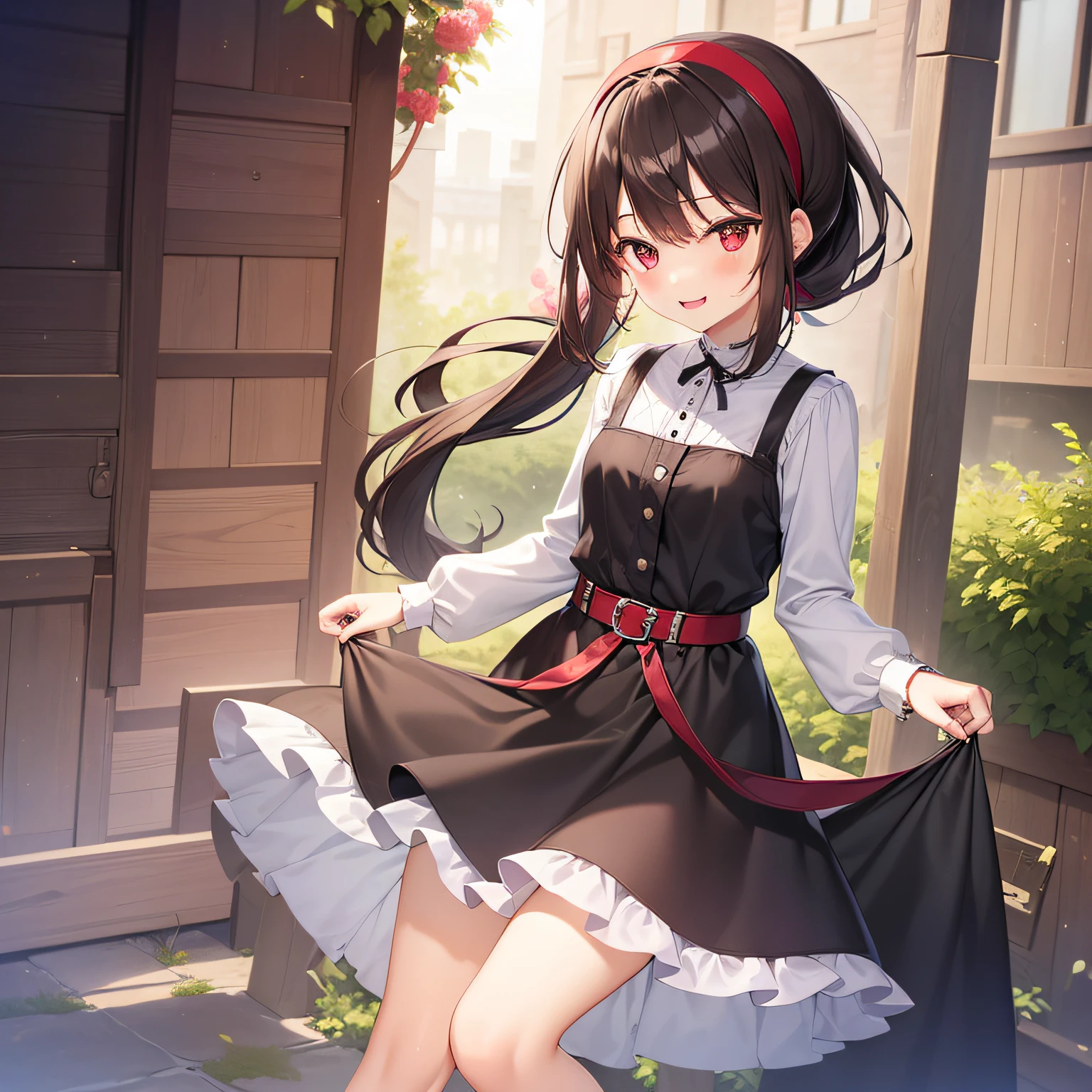 best-quality、extremely delicate and beautiful、（One person）、girly、girly、、(Dark hair)、Gray clothes with vertical buttons、Belt at waist、Gray skirt、((ponytail))、(red hairband)、(Brown boots)、Red eyes、Standing、smilling face、