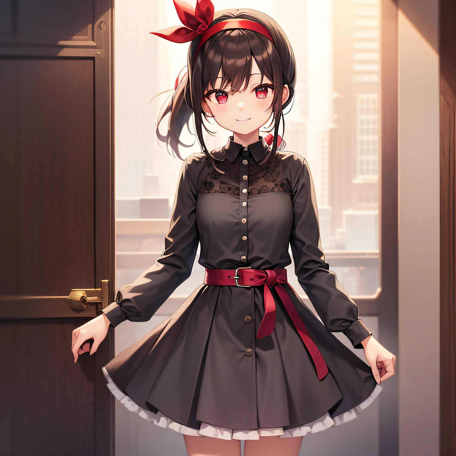 best-quality、extremely delicate and beautiful、(One person)、girly、girly、、(Dark hair)、Gray clothes with vertical buttons、Belt at waist、Gray skirt、((ponytail))、(red hairband)、(Brown boots)、Red eyes、Standing、smilling face、