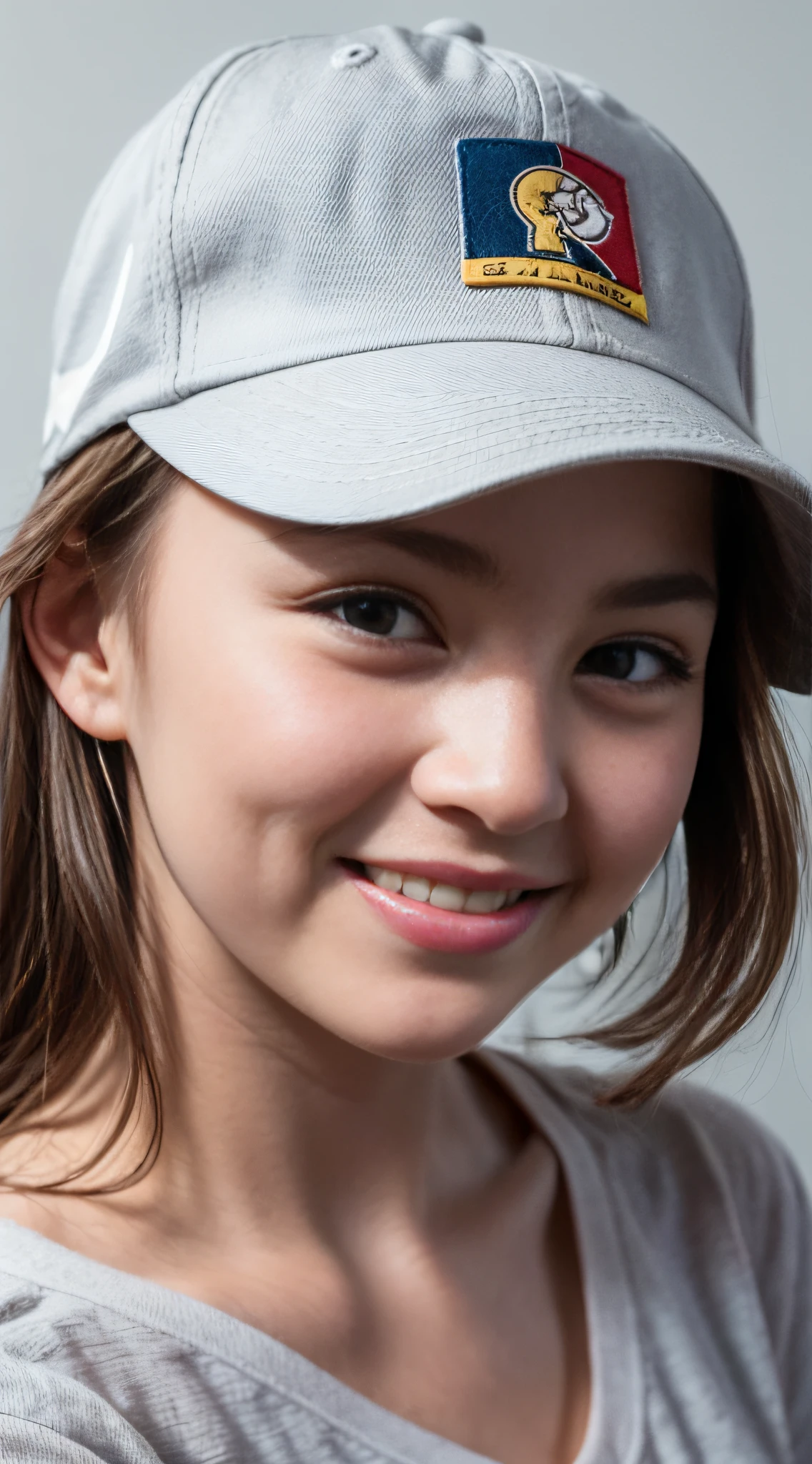 (best quaity, 8K, Masterpieces:1.3), focus:1.2,Medium view，bust，Soft light shooting，Wear a white shirt，With a baseball cap，Soft light on the face，The face is brightly lit，Smile at the camera， Photos taken indoors，magazine cover，Highly detailed facial and skin texture, Detailed eyes,，A baseball cap is worn on the side，Whiten skin，hair，Real photos，baseball cap，Real skin，Japan Woman，fair-skinned，Bright light，Carry a shoulder bag，Side to the camera，Best quality 8k，Wear a white shirt，jeans，Soft and flowy，The light is soft，，Delicate face，Real people，UHQ，Facial softening，a short hair，With a ponytail