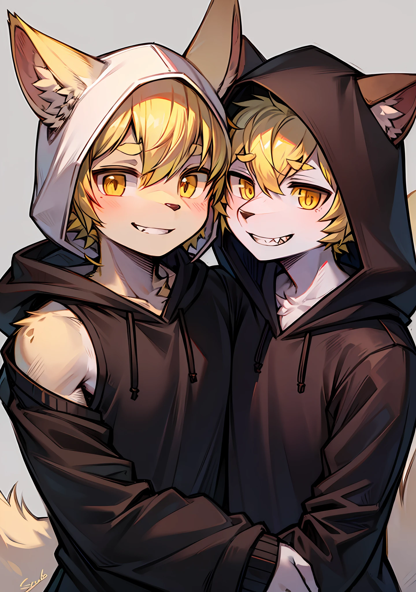 hood,hood,Boys,Yellow eyes,Hoodies,smiles,a short hair,Upper body,hair between eyes,clavicle,black shirt,Yellow hair,Eyebrows visible through hair,hair bangs,signature,Animal hood,shirt,Gray background,White pupils,teeth,Long sleeves,Lens flash,hairy,Lovely,Animal ears、tails