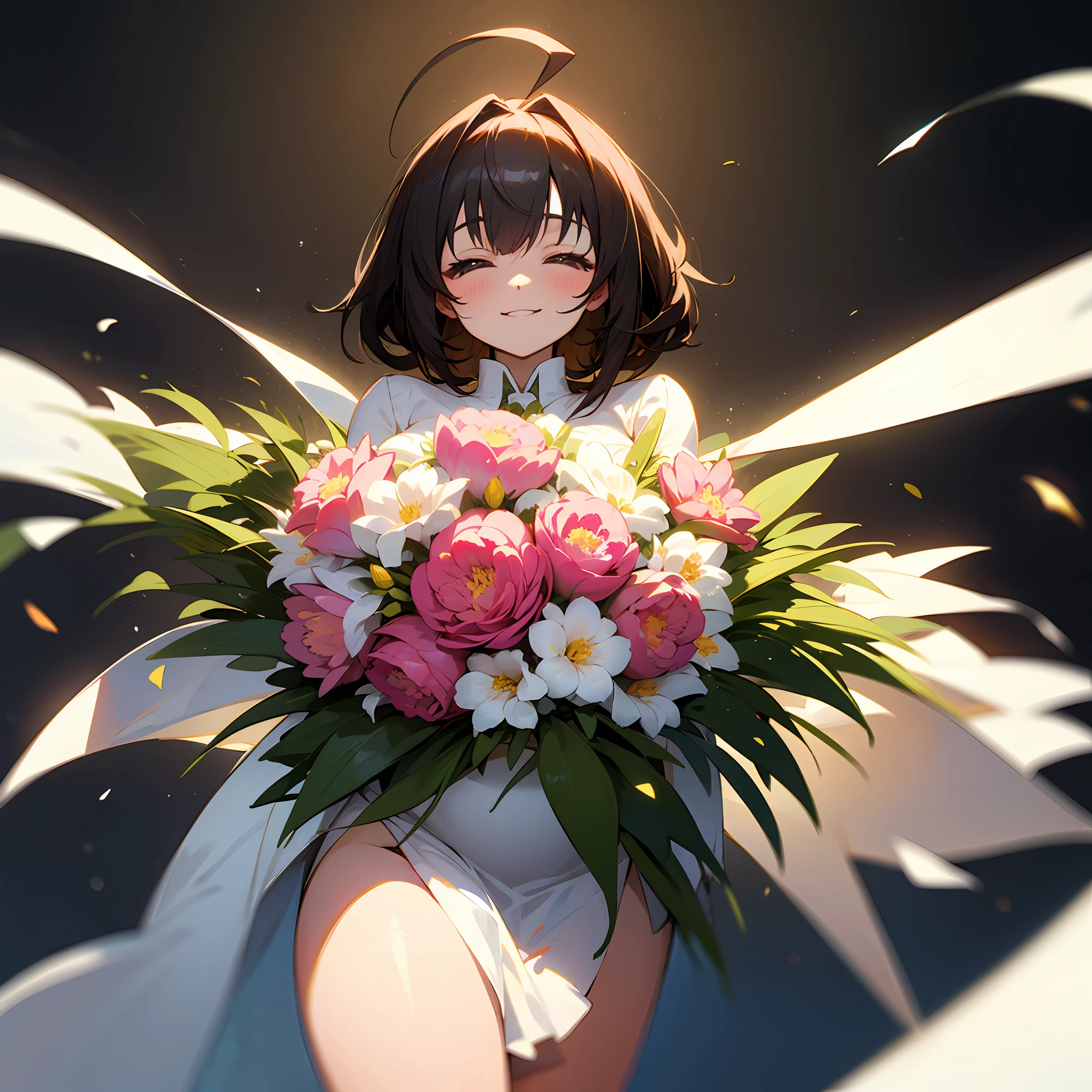 celebration、bouquet、Plump woman、Dark hair、Ahoge、anime taste、smile、Hold out the bouquet with both hands、Front face、 --auto