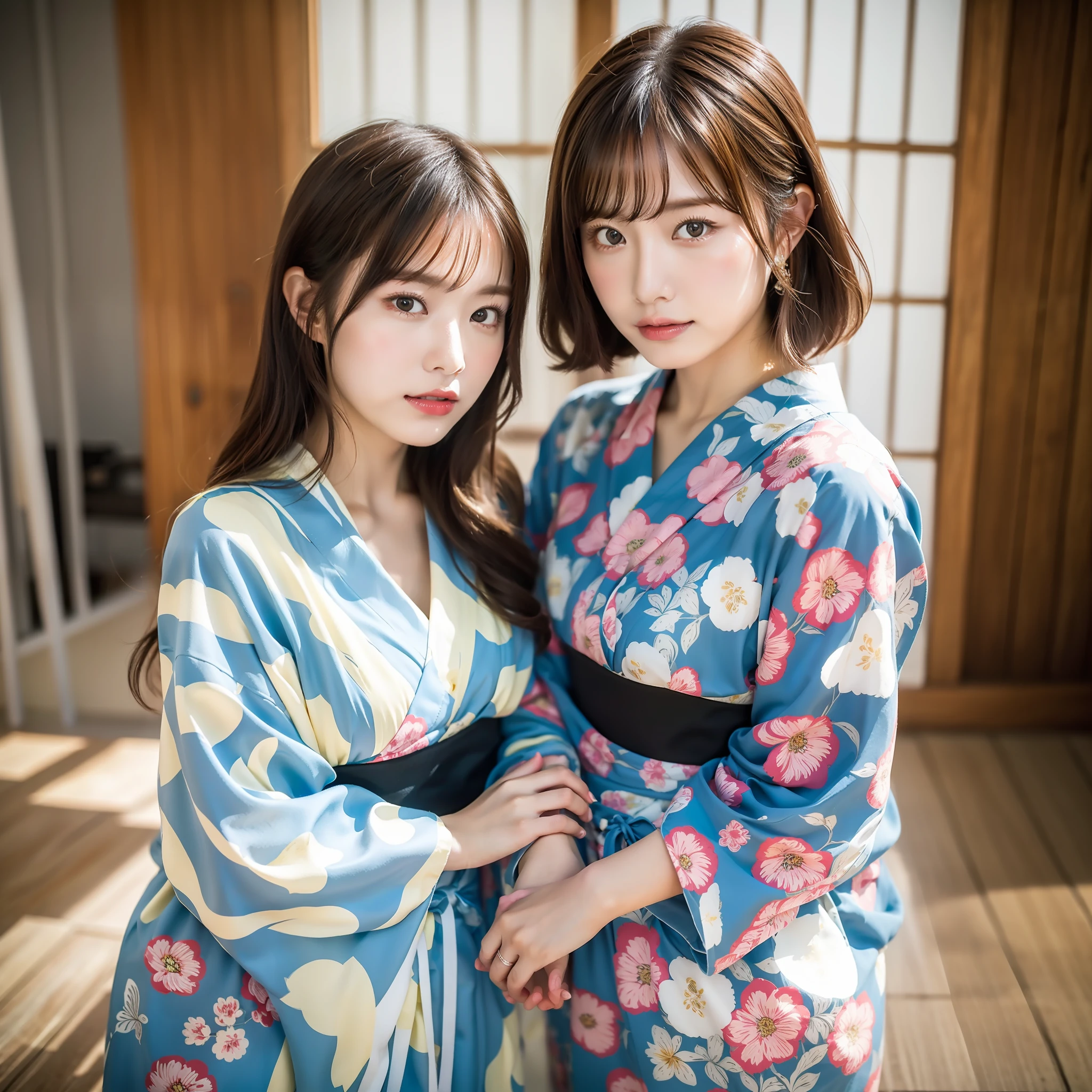 (8k, highest quality, master pee: 1.2), (hair, _style), (realistic, photorealistic: 1.37), highest quality, master pee, simple shooting studio room with natural light, [small breasts], two models with different atmospheres, one of the two in perspective and balanced, one photo, high balance, waist up, Camera angle with background facing up, hands holding hair to ears, hair set and summer yukata style to match the trend of 2023, 3 years Japan for two, realistic, realistic, super detail, beautiful face, 30s, actress, half Japanese and Russian model, elaborate CG, slender, adorable, mature, long model and bob model for 3 years Japan, hair fluttering in the wind, delicate skin type, Hair with fine details and softness, model hair color is slightly bright and soft, glossy makeup, yukata is gentle color and cute impression