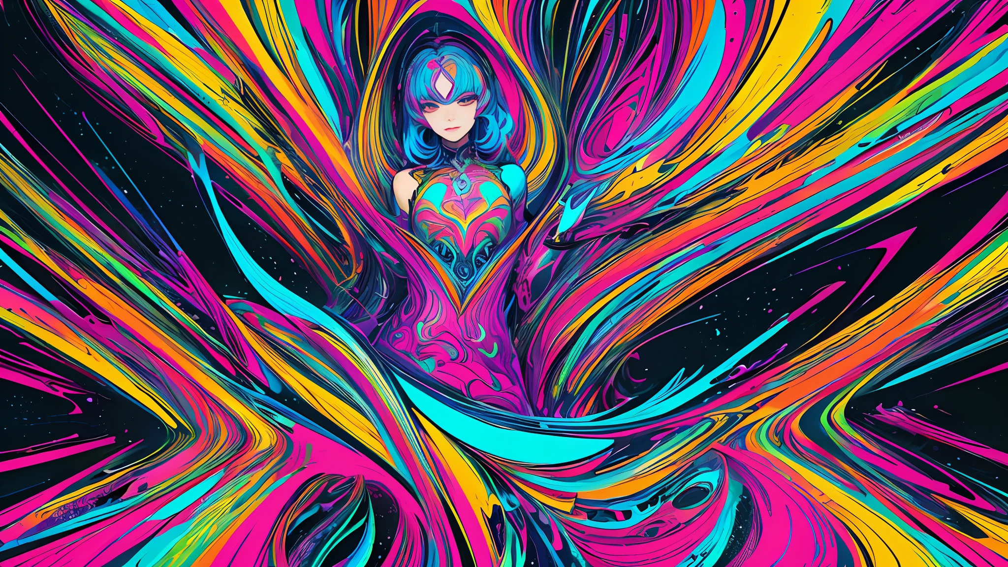 (masterpiece, best quality:1.3), (flat color:1.3),(colorful:1.3),looking at viewer,1girl,solo,floating colorful water,(2D:1.3), (Psychedelic Art:1.3)