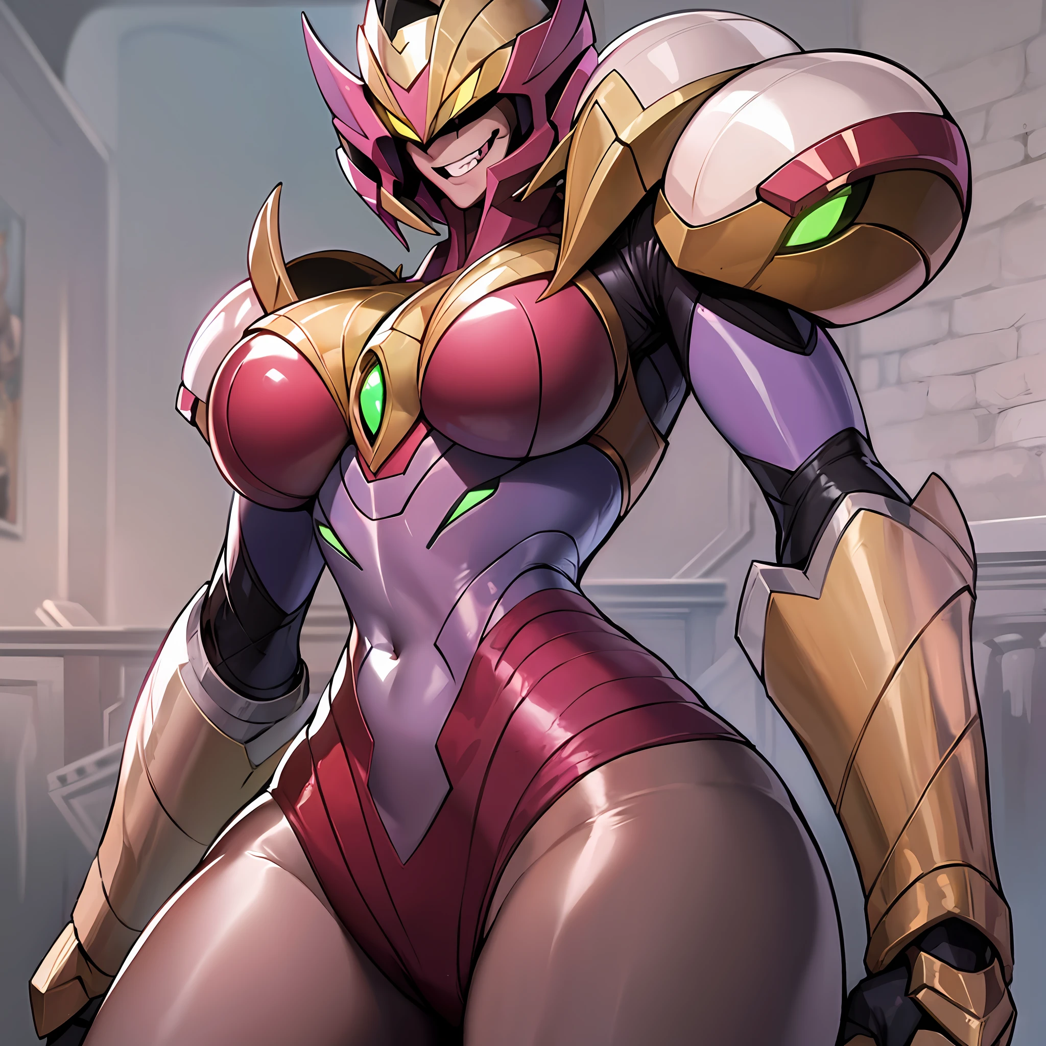 Hot insect crustacean woman in shell, Guyver style, evil smile, scaraber reploid, tail, cel shade adult animation, metroid suit