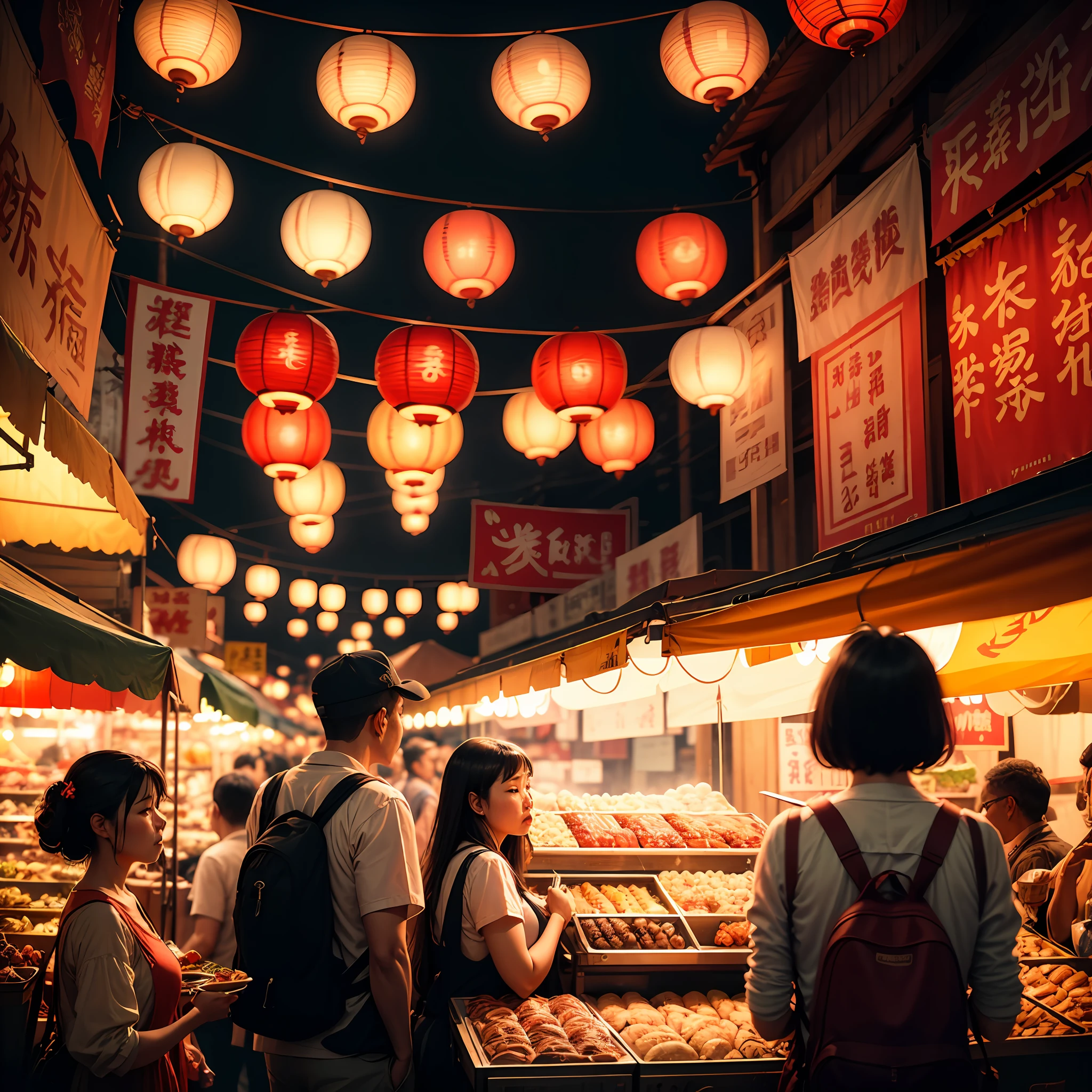 The crowd is bustling,Red lanterns hang high,
with an antique feel,It's like going back in time,
Night market snacks,The aroma is overflowing,
Delicious food,Make people linger,true,8k,RAW photos,High resolution, --auto