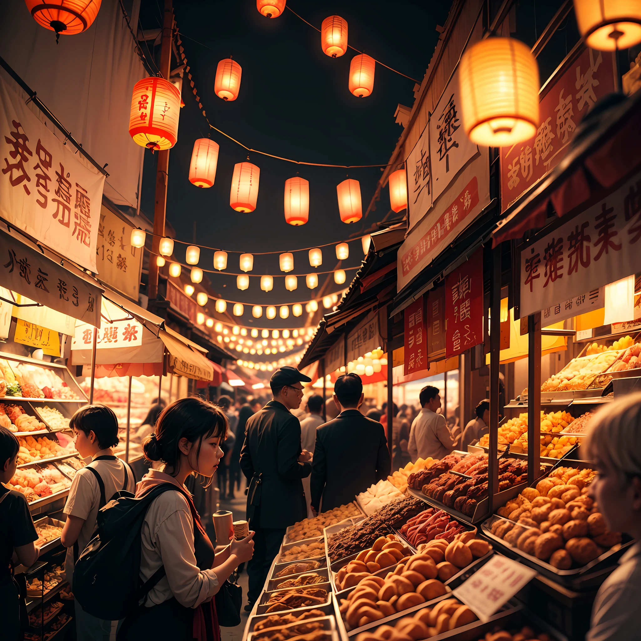 The crowd is bustling,Red lanterns hang high,
with an antique feel,It's like going back in time,
Night market snacks,The aroma is overflowing,
Delicious food,Make people linger,true,8k,RAW photos,High resolution, --auto