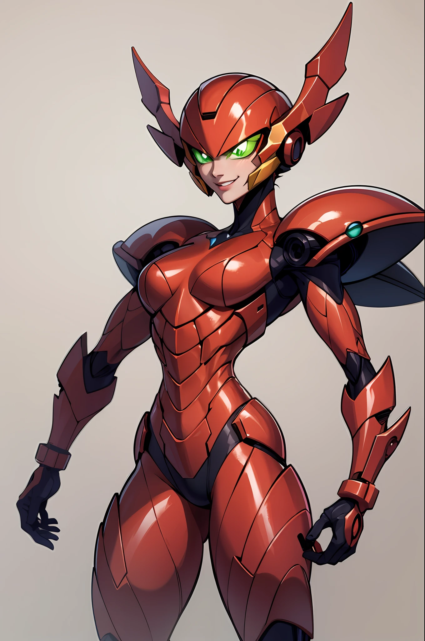 Metroid suit, woman in hot insect shell, guyver style, bewitching, evil smile, scaraber reploid, cel shade adult animation,