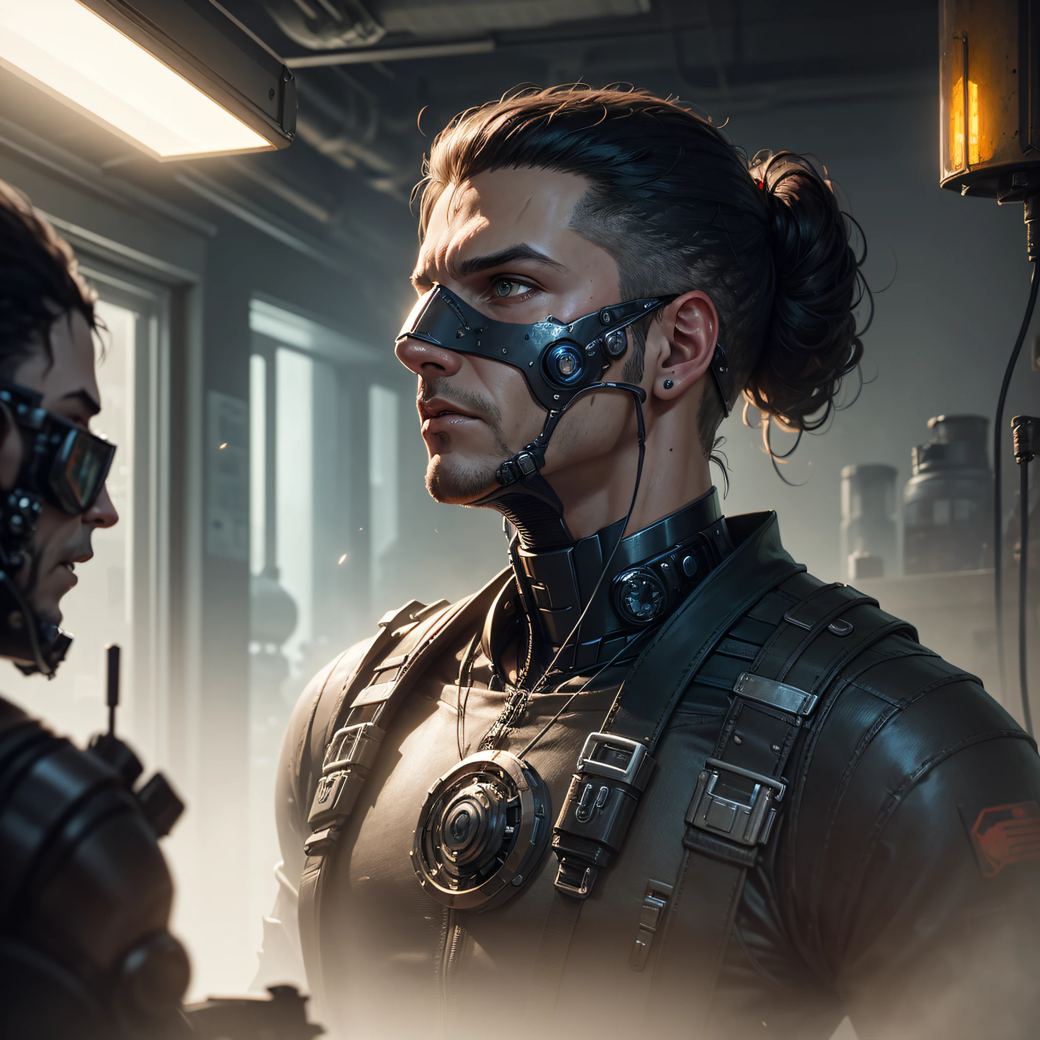 a masked rugged engineer man with cybernetic enhancements in a laboratory, Retrato de Personagem Scifi por Greg Rutkowski, Esuthio, Craig Mullins, 1 / 4 headshot, cinematic lighting, dystopian scifi gear, sombrio, foto do perfil, mechanical, half robot, Implantes, Steampunk --auto