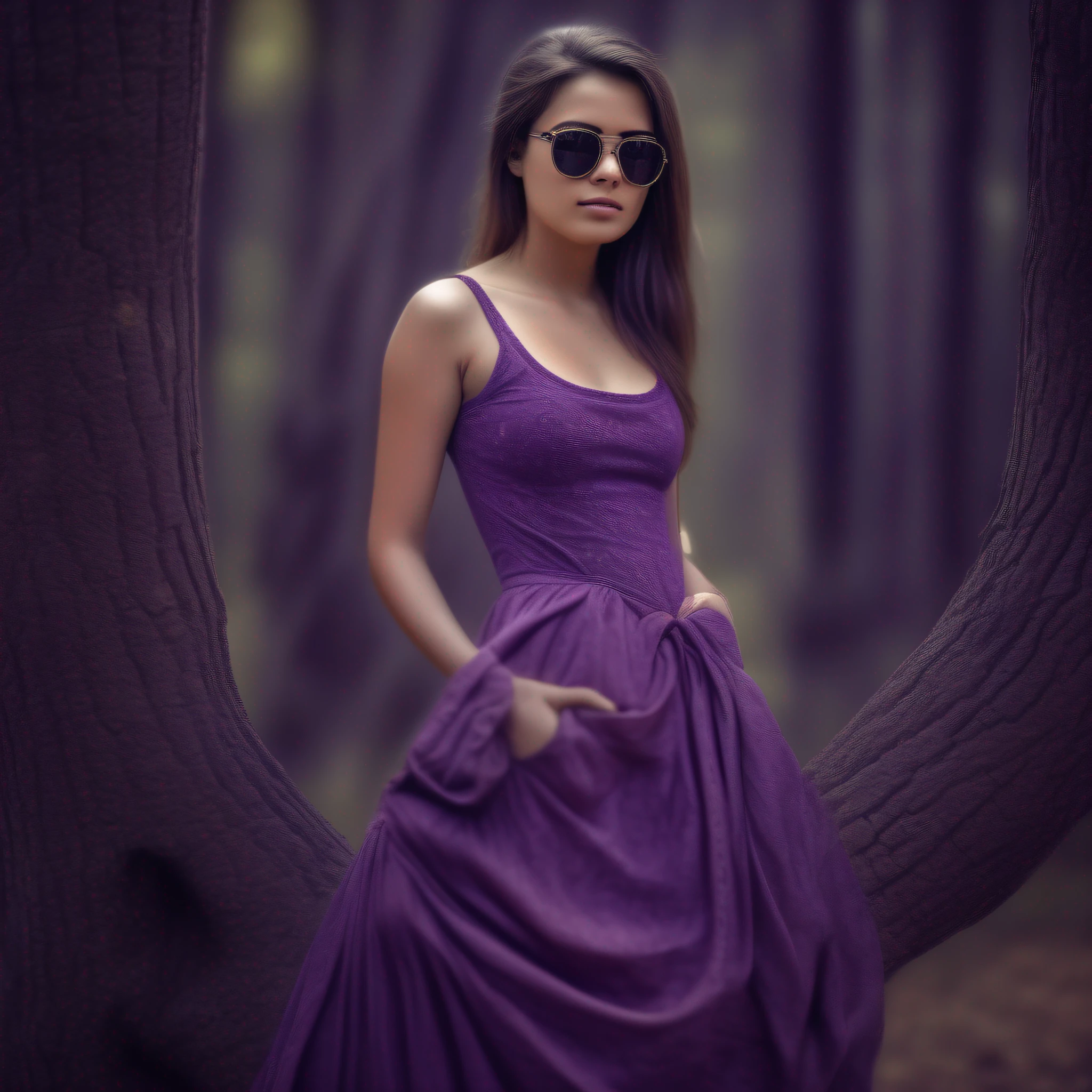 A beautiful portrait of a beautiful young girl, 25 years old, highly detail, HDR, portrait photography, forest background, long beautiful purple dress to the foot, wearing sunglass, (full body photo), camera looking straight, cinematic look, HD