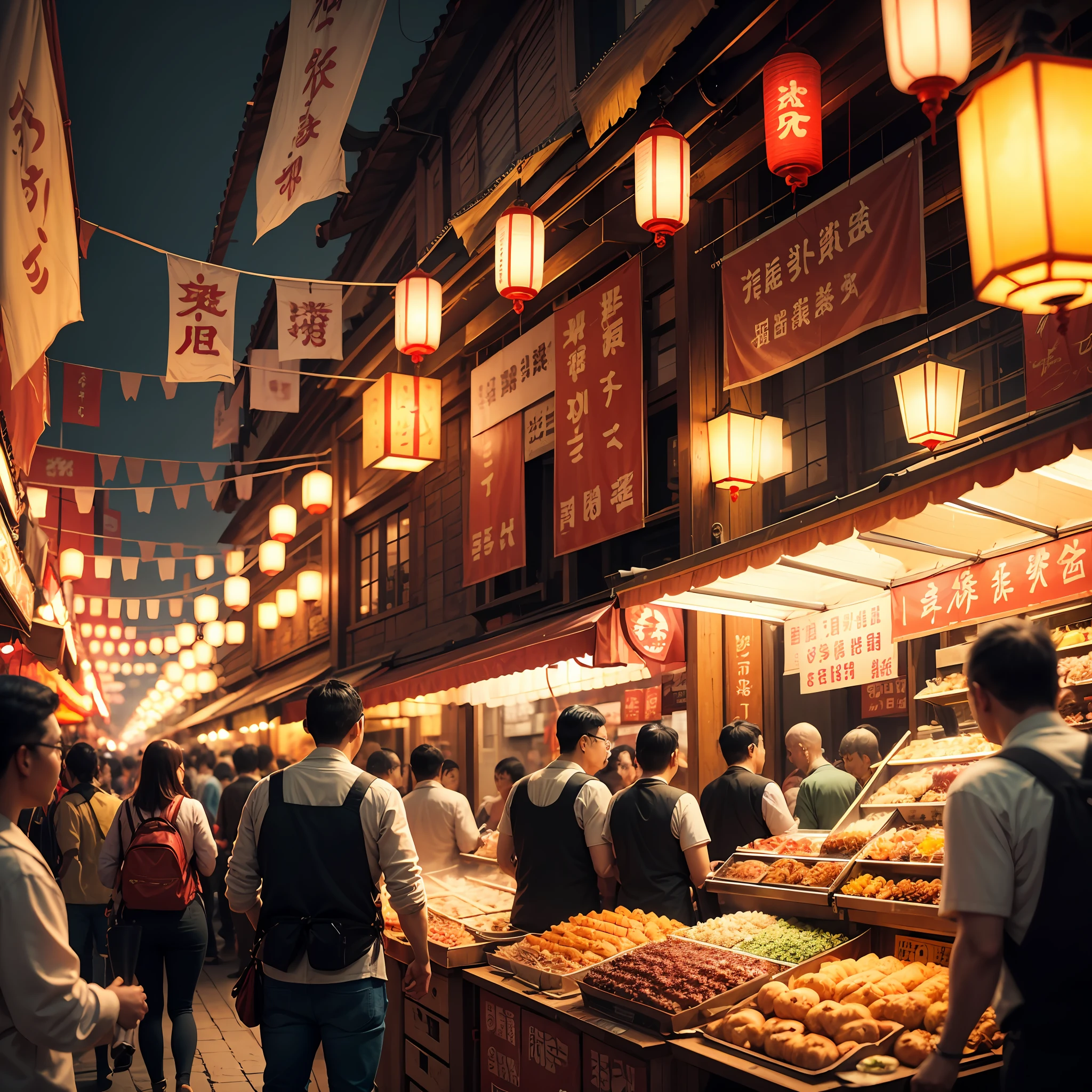 The crowd is bustling,Red lanterns hang high,
with an antique feel,It's like going back in time,
Night market snacks,The aroma is overflowing,
Delicious food,Make people linger,true,8k,RAW photos,High resolution, --auto