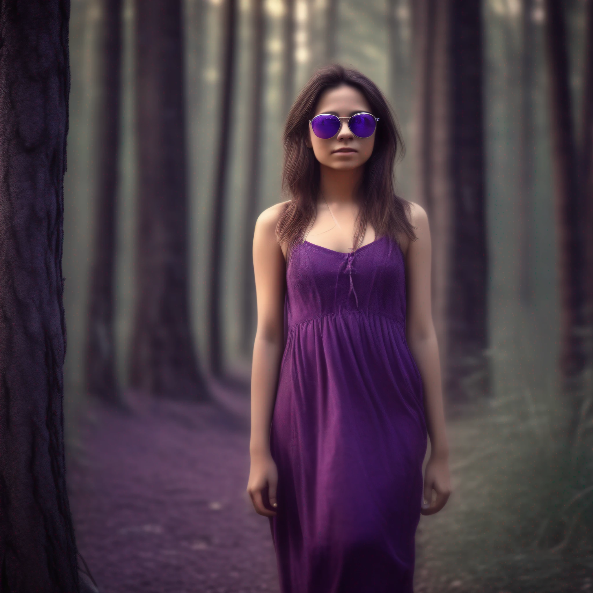 A beautiful portrait of a beautiful young girl, 25 years old, highly detail, HDR, portrait photography, forest background, long beautiful purple dress to the foot, wearing sunglass, (full body photo), camera looking straight, cinematic look, HD