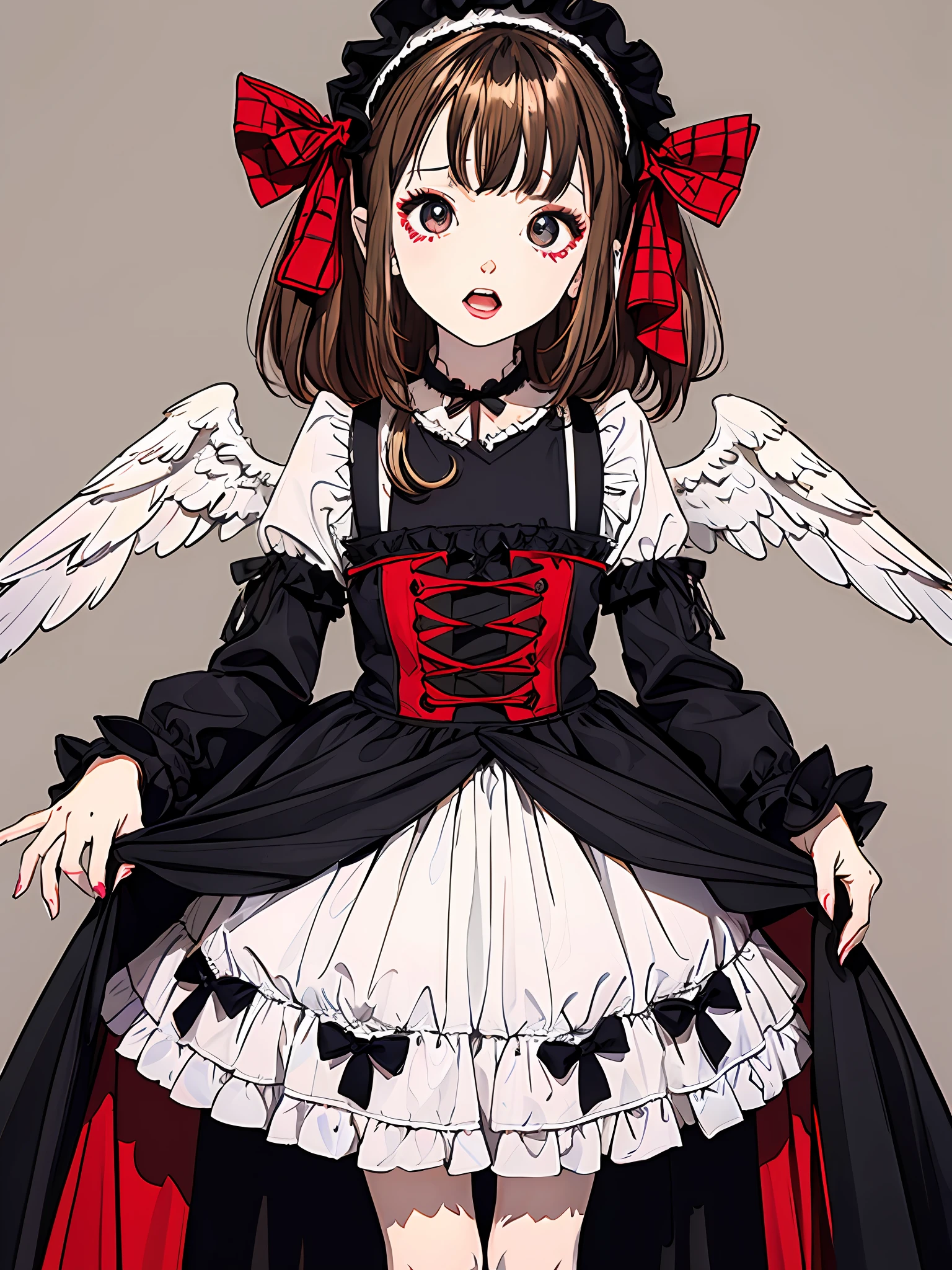 Vampire, fangs, plaid dress, bow, lolita fashion, lolita style, anime girl cosplay, loli, cute, angelic pretty, loli, portrait of lolita girl, red checker, y 2k, y2k, emo style, non-mainstream, red checker, mine-series girl, harajuku style, exaggerated dressing, complex decorations, rock style, gothic style