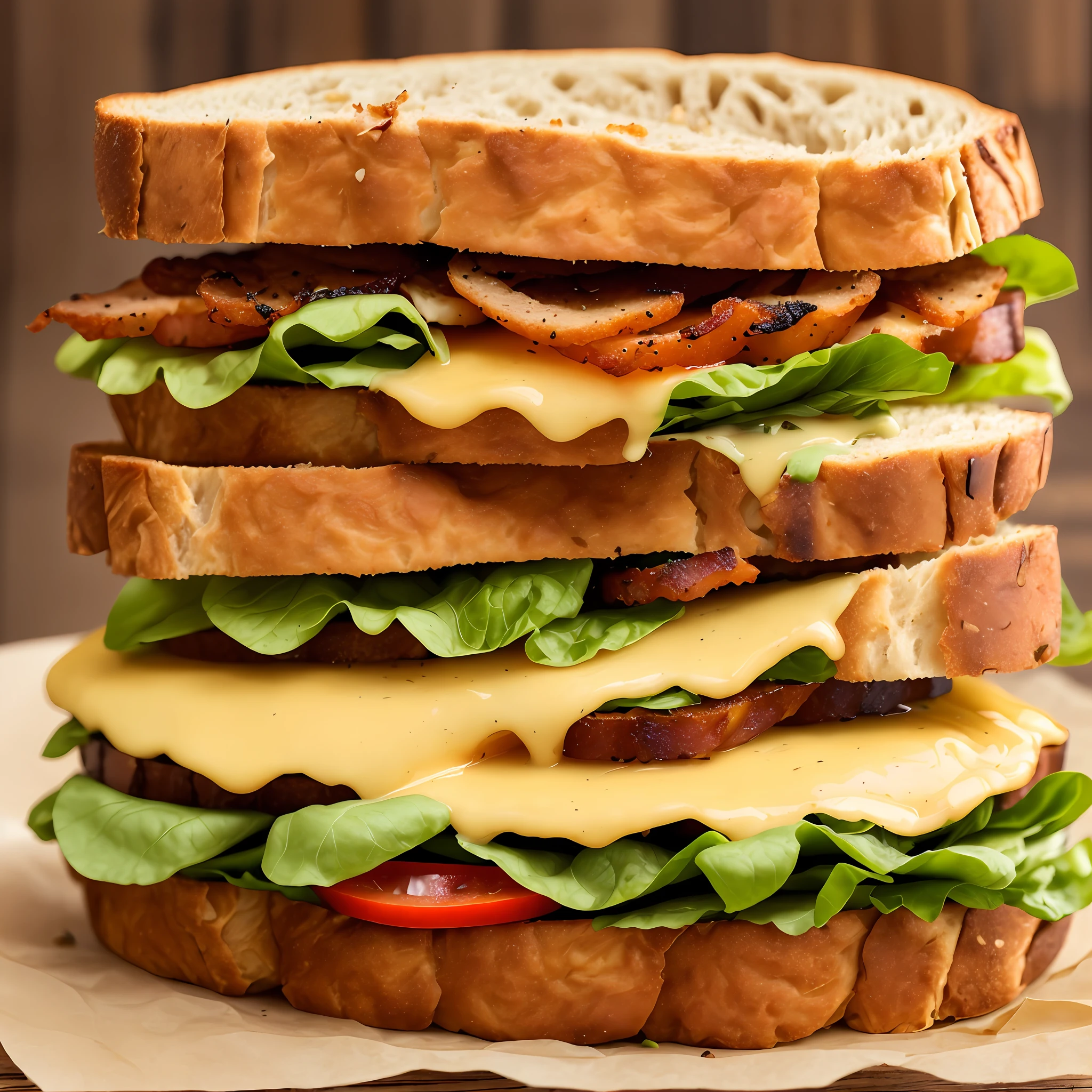 photo of a scrumptious BLT sandwich with extra bacon, (rustic diner background)+, seed bread, pepper jack cheese, (intricate details:1.12), hdr, (intricate details, hyperdetailed:1.15) --auto