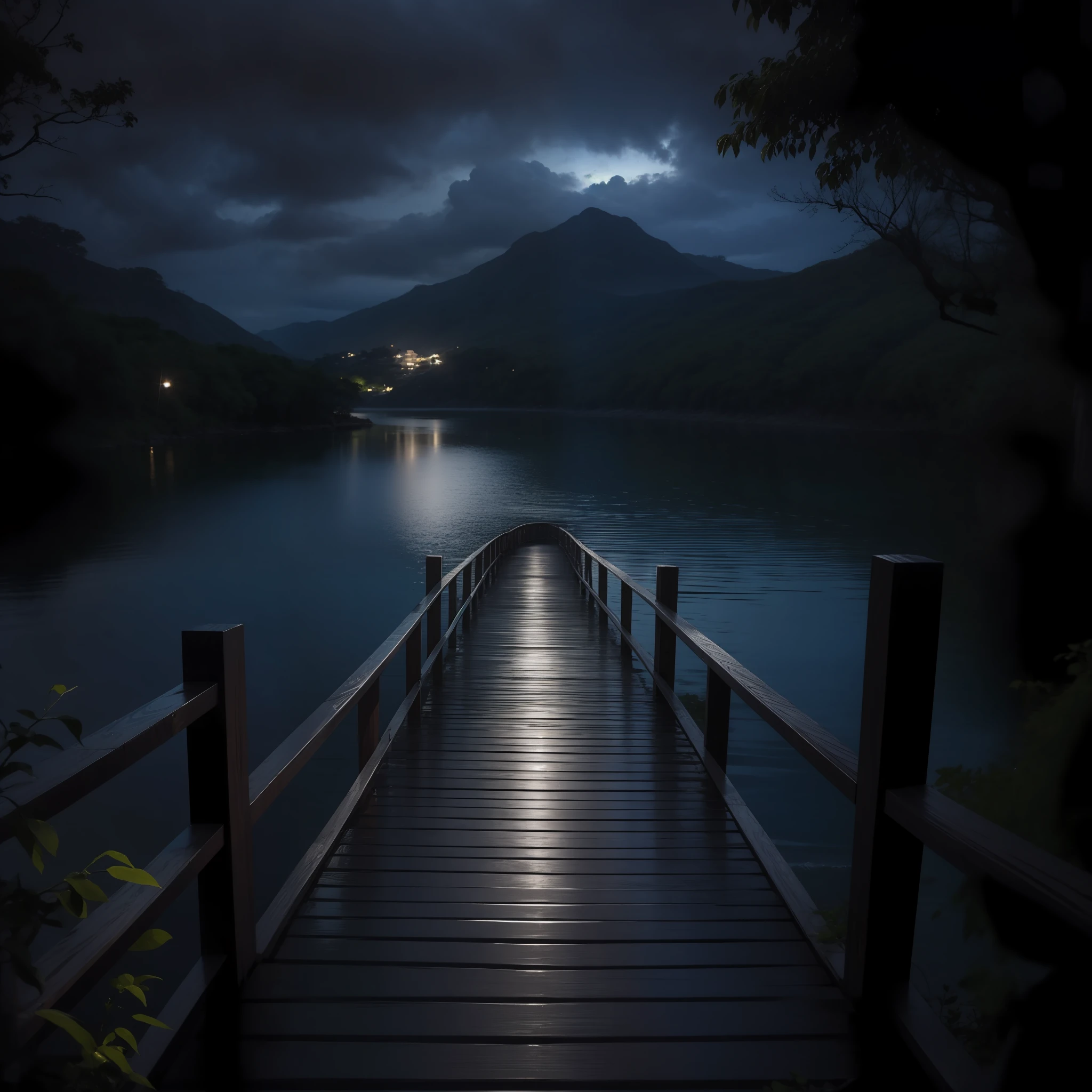 Caminho para do lago com deck de madeira, ao anoitecer