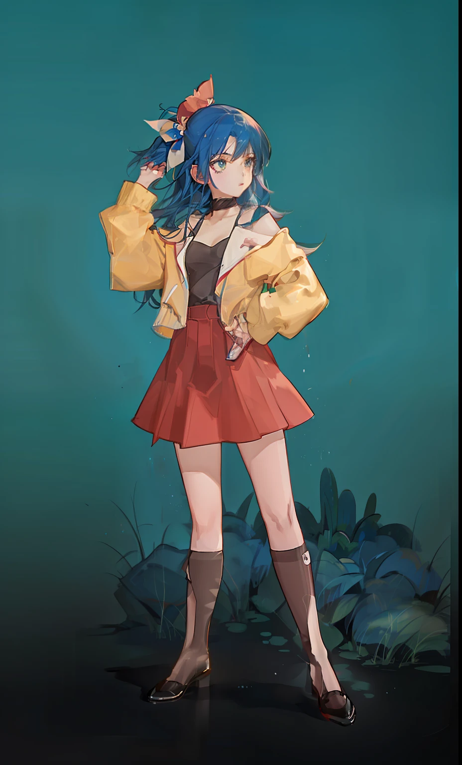Garota anime em uma jaqueta amarela e saia vermelha com uma gravata, garota anime retro, retrato de corpo inteiro de um curto!, 9 0 s estilo anime, Estilo anime dos anos 90, 2 d estilo anime, Estudante de arte emo feminina alta, no estilo de arte do anime 8 0 s, 8 0 s estilo anime, 1980's anime style, fanart menina urbana